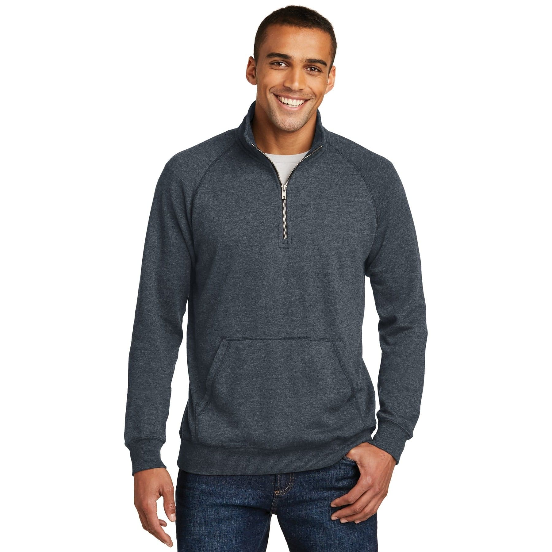 Plain heathered navy lightweight fleece 1/4-zip, front view