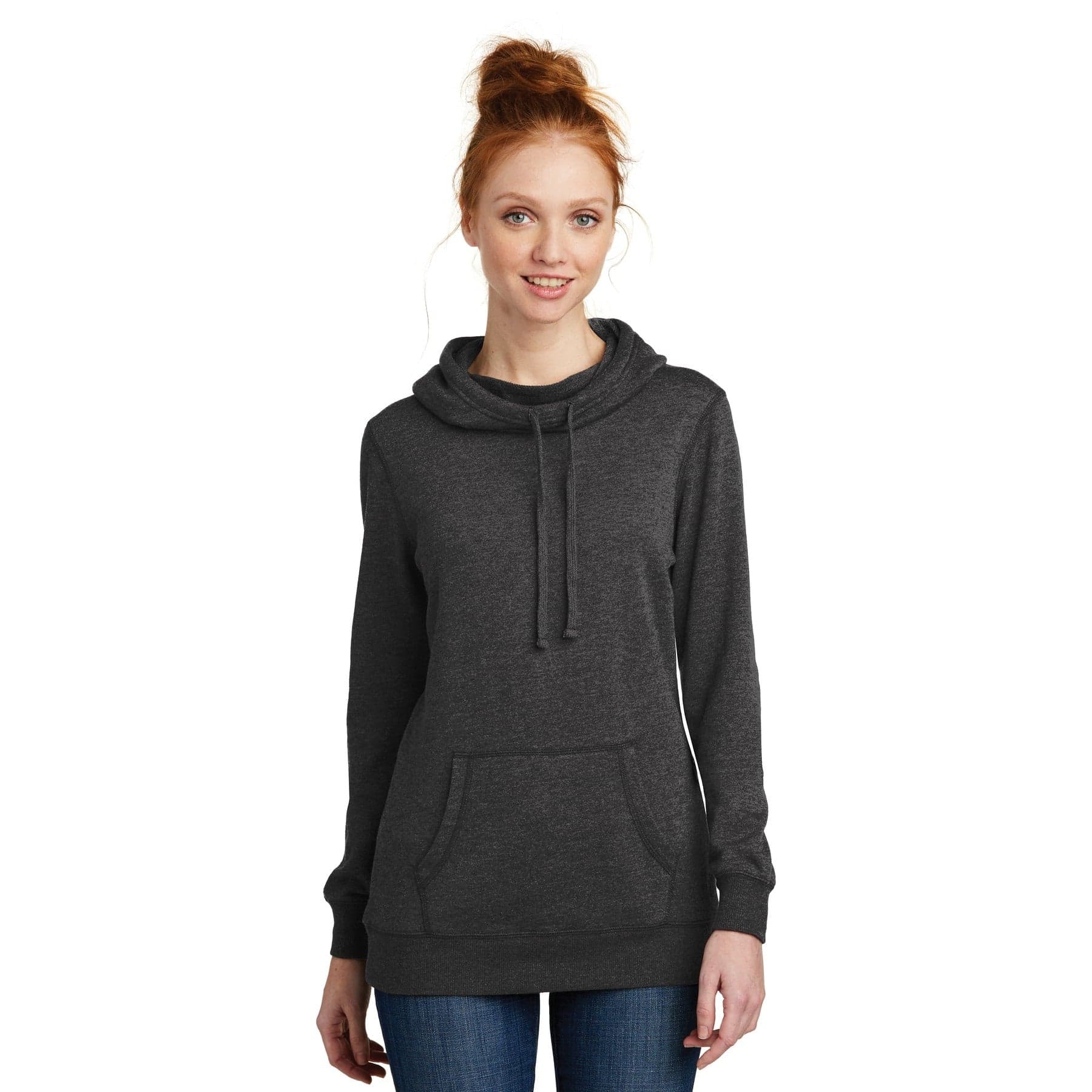 Plain heathered navy women's lightweight fleece hoodie, front view