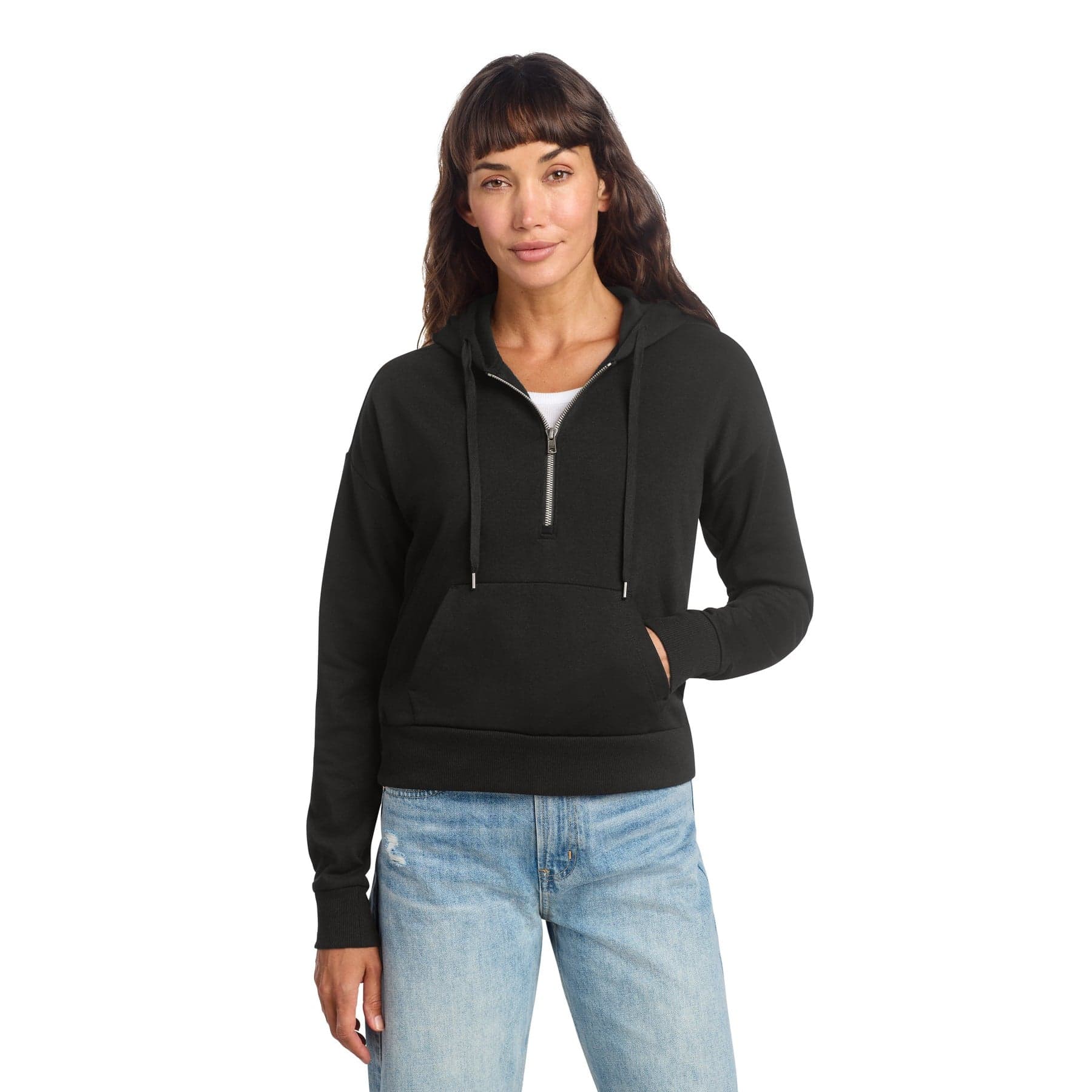 Plain black women's perfect tri fleece 1/2-zip pullover, front view