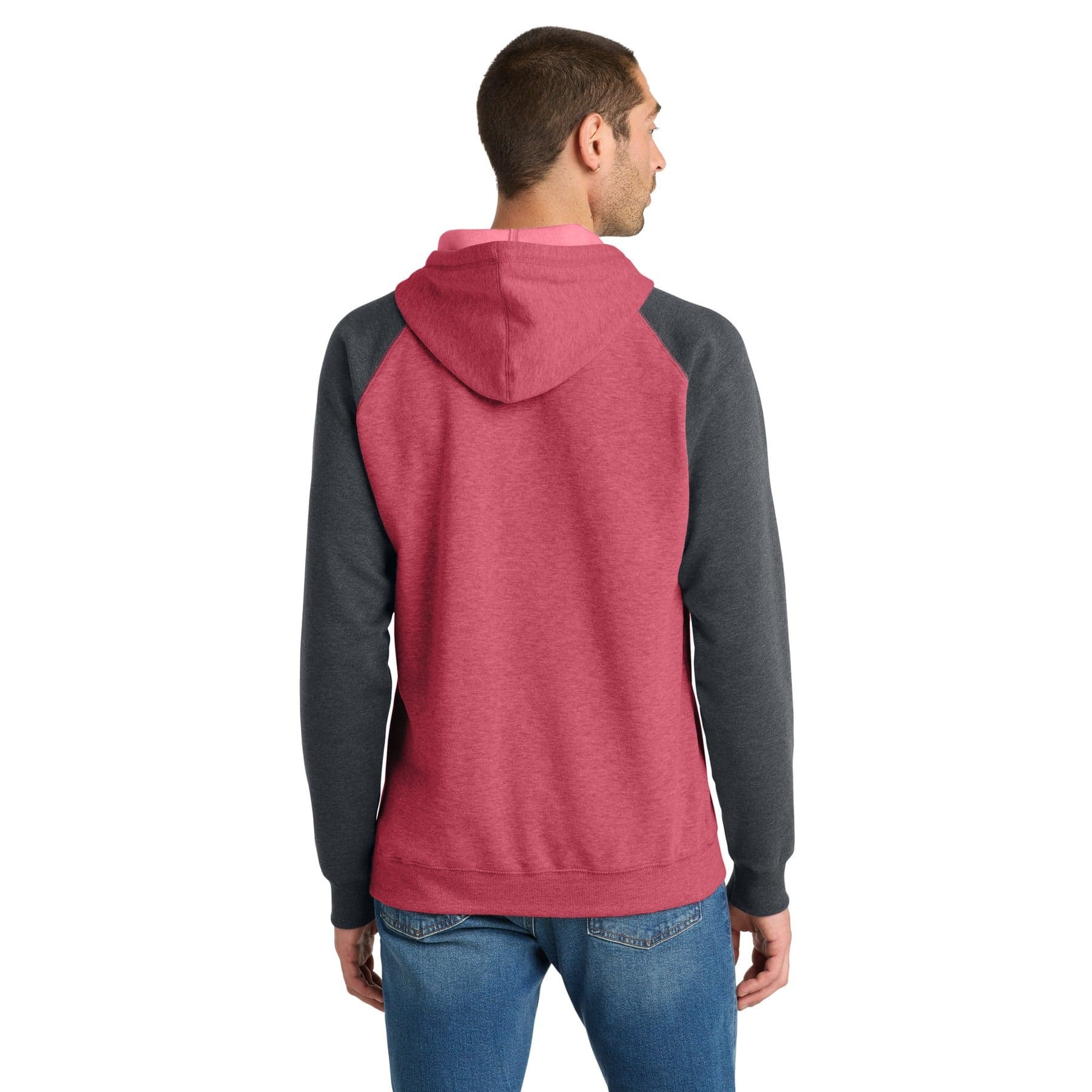 Plain heathered red/ heathered charcoal young mens lightweight fleece raglan hoodie, front view