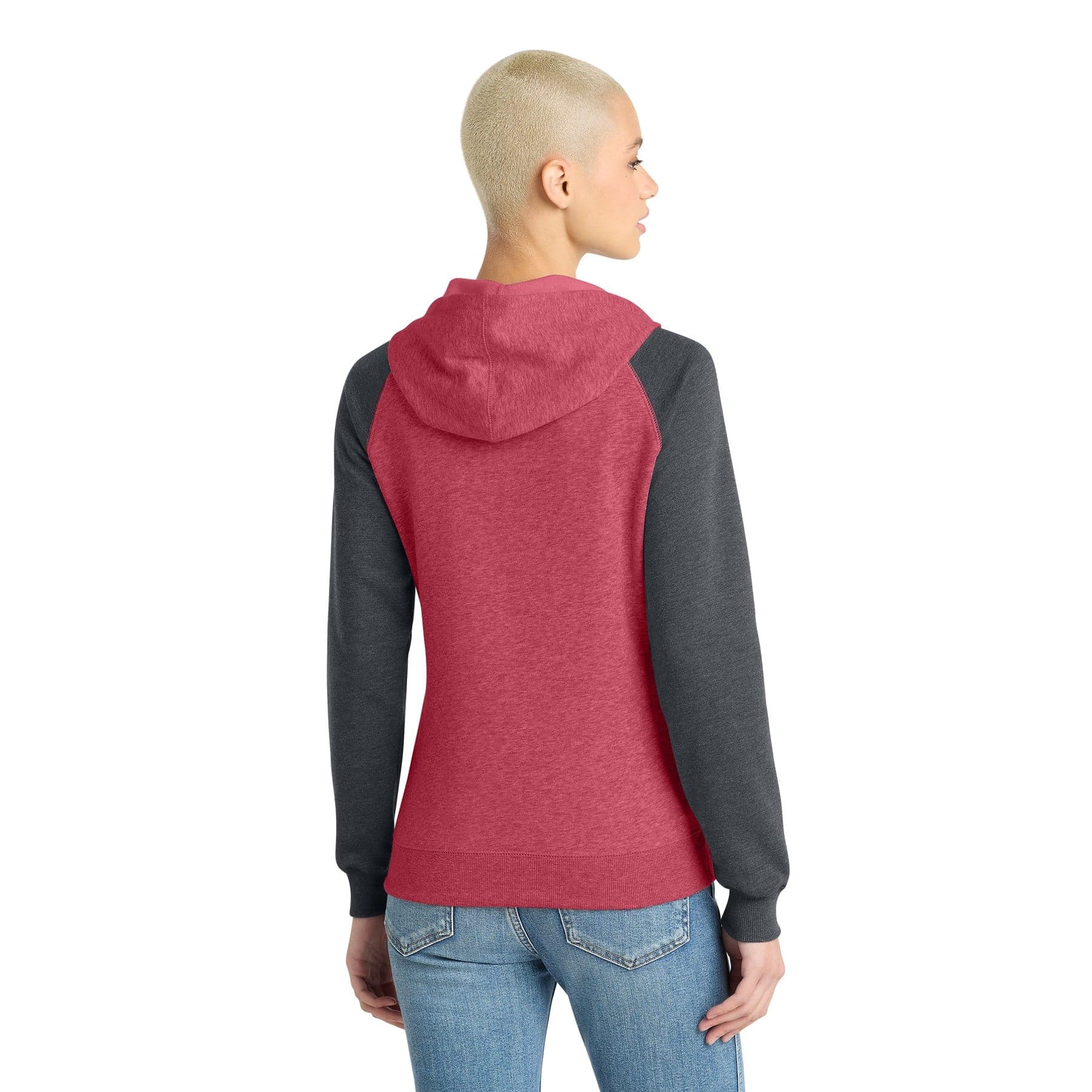 Plain heathered red/ heathered charcoal women's lightweight fleece raglan hoodie, front view