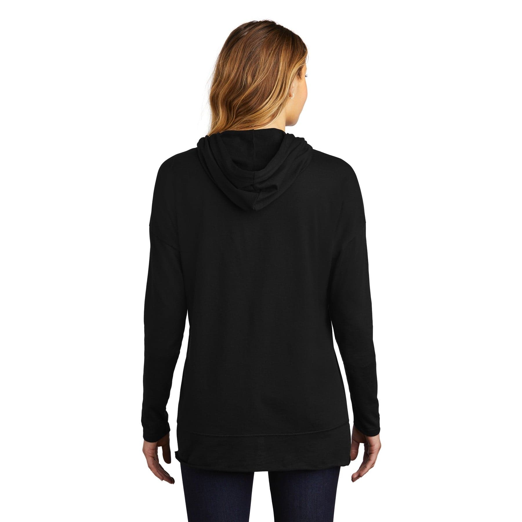 Plain black women's featherweight french terry hoodie, front view