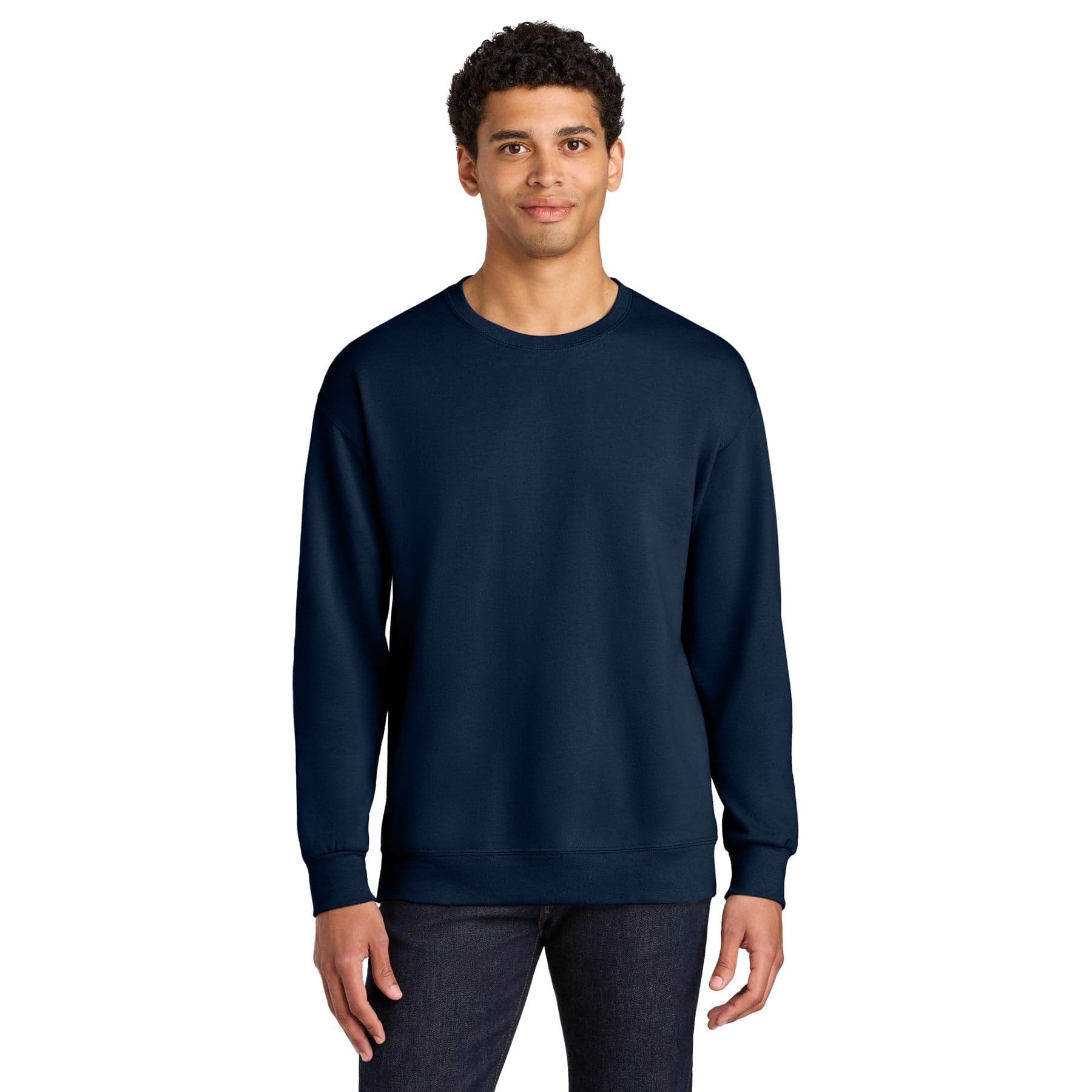 Plain j. navy unisex cvc ring spun crewneck sweatshirt, front view