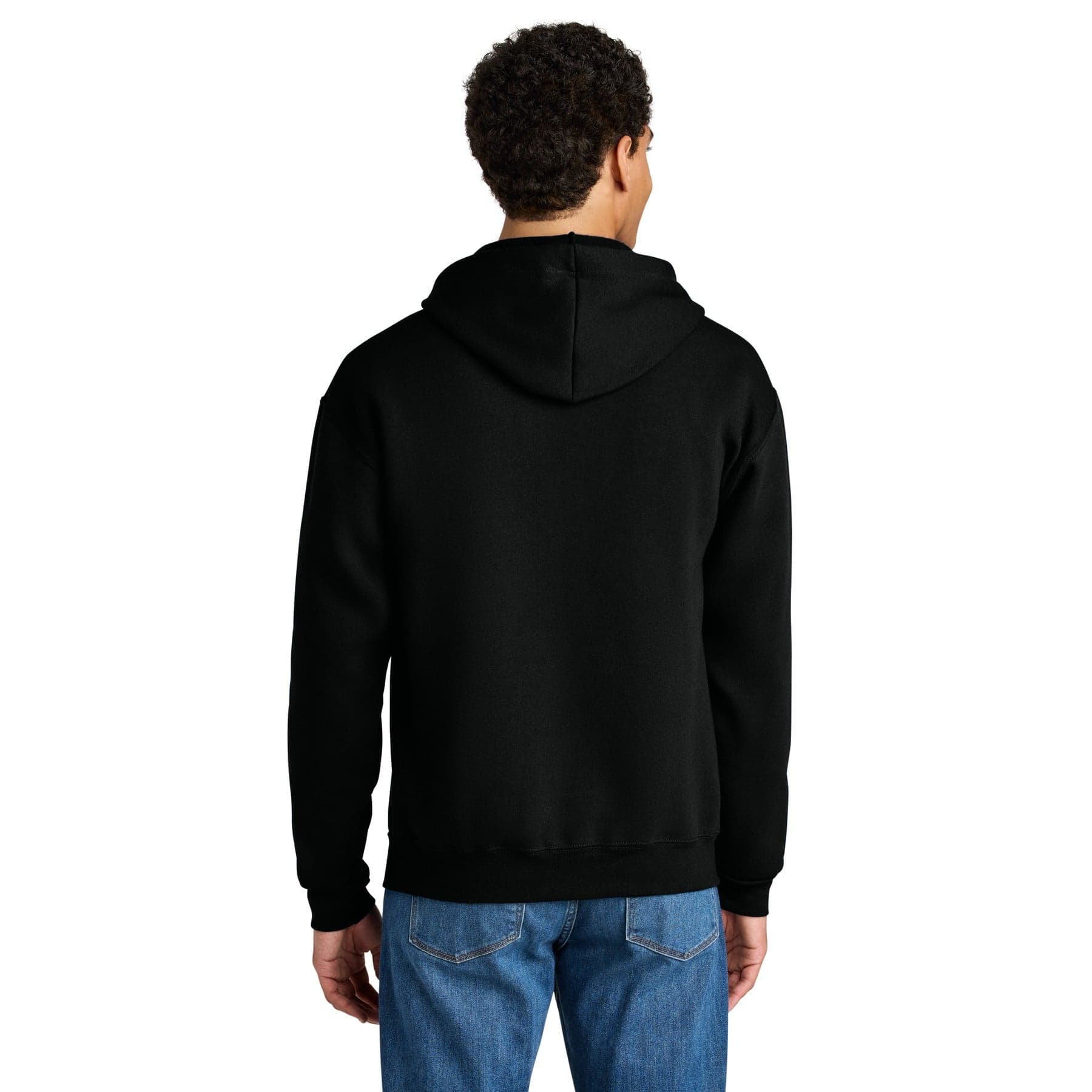 Plain black ink unisex full-zip hooded sweatshirt, front view