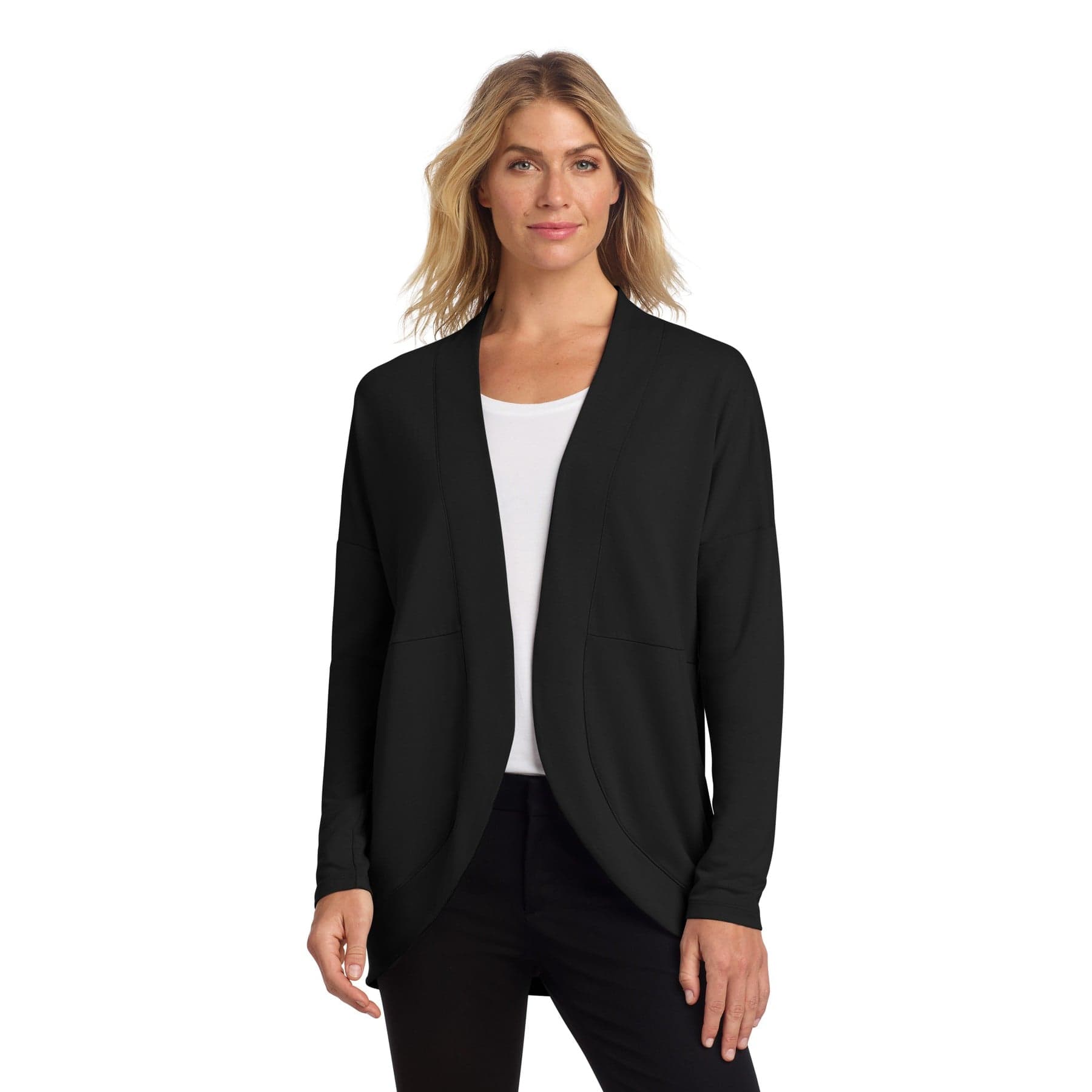 Plain deep black women's stretch open-front cardigan, front view