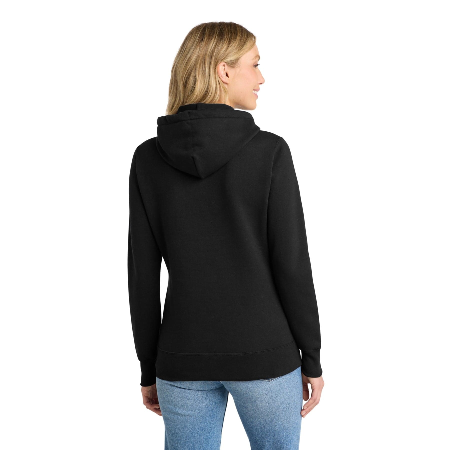 Plain jet black women's core fleece pullover hooded sweatshirt, front view