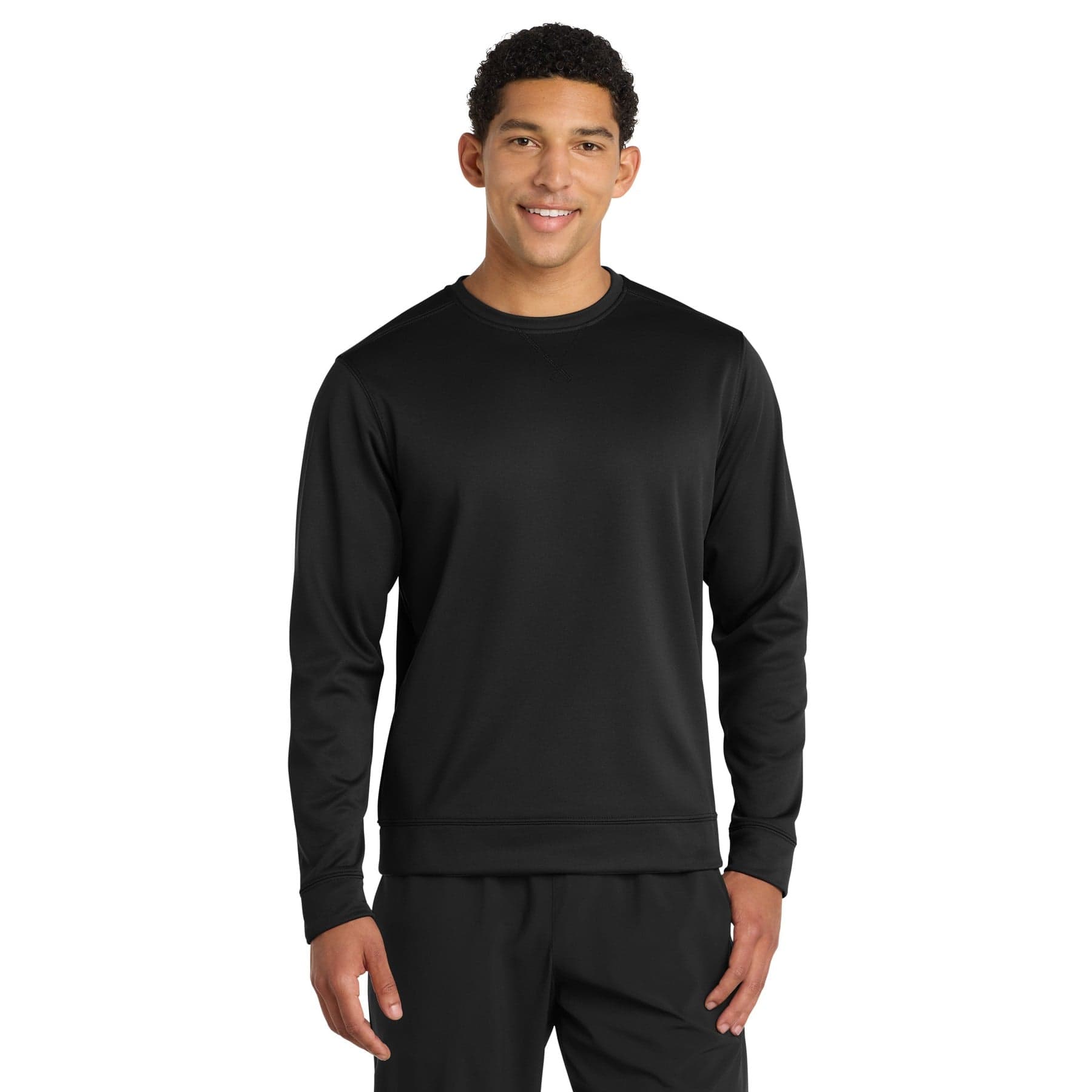Plain jet black performance fleece crewneck sweatshirt, front view
