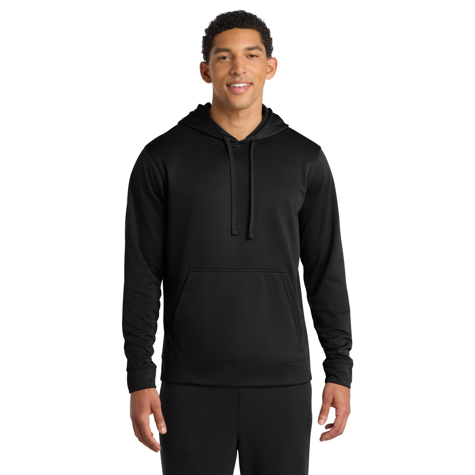 Plain jet black performance fleece pullover hooded sweatshirt, front view