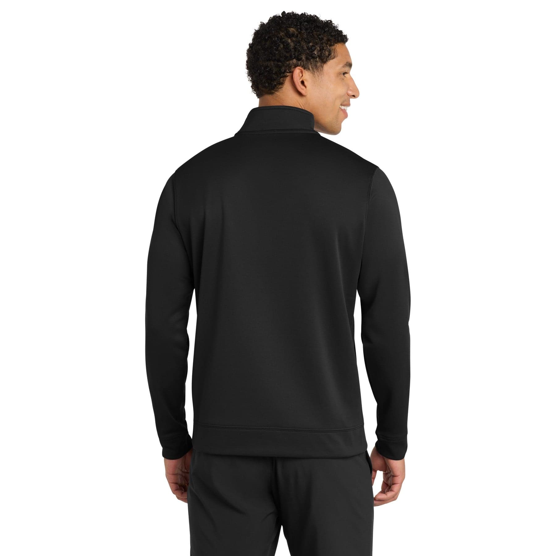 Plain jet black performance fleece 1/4-zip pullover sweatshirt, front view