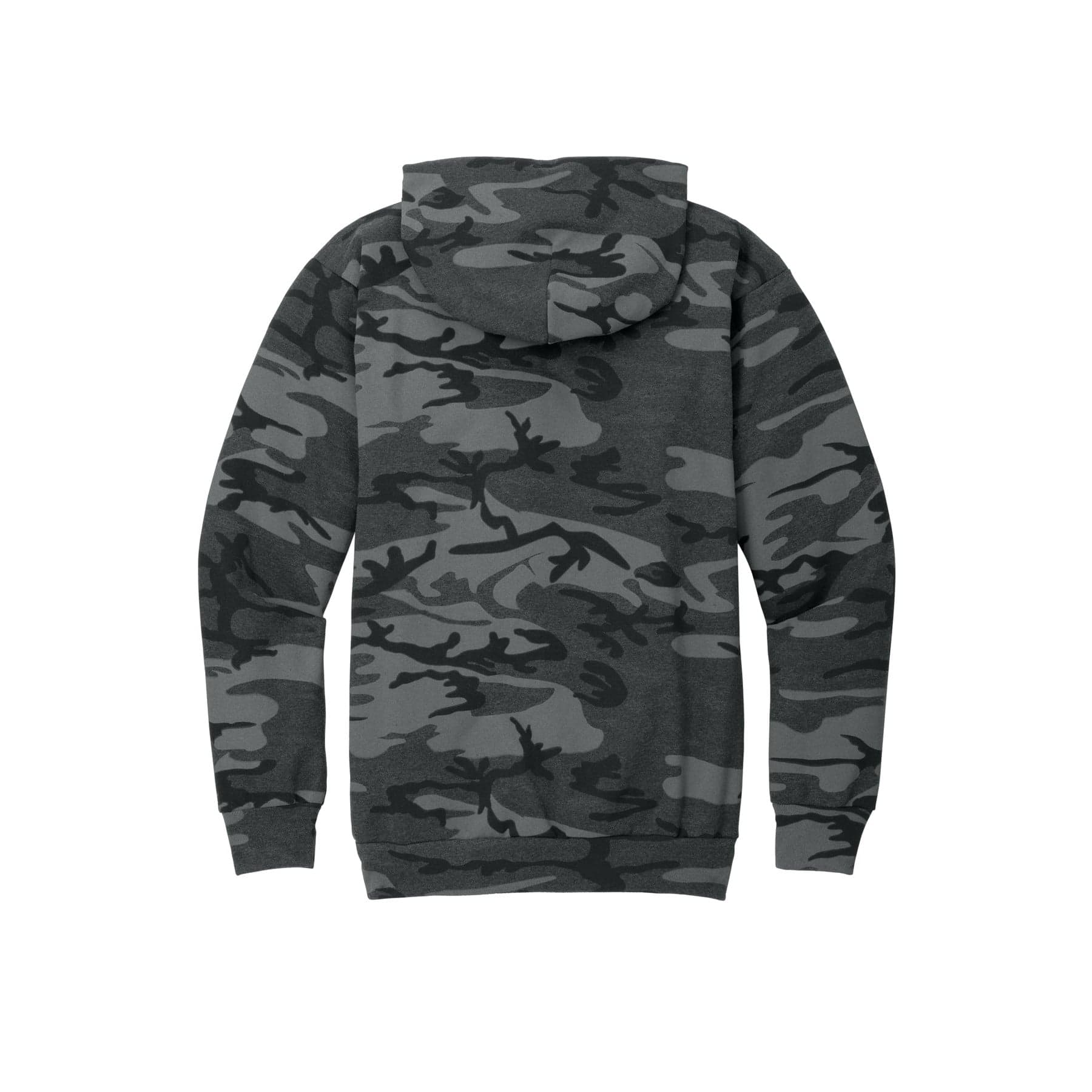 Plain black heather camo core fleece camo pullover hooded sweatshirt, front view
