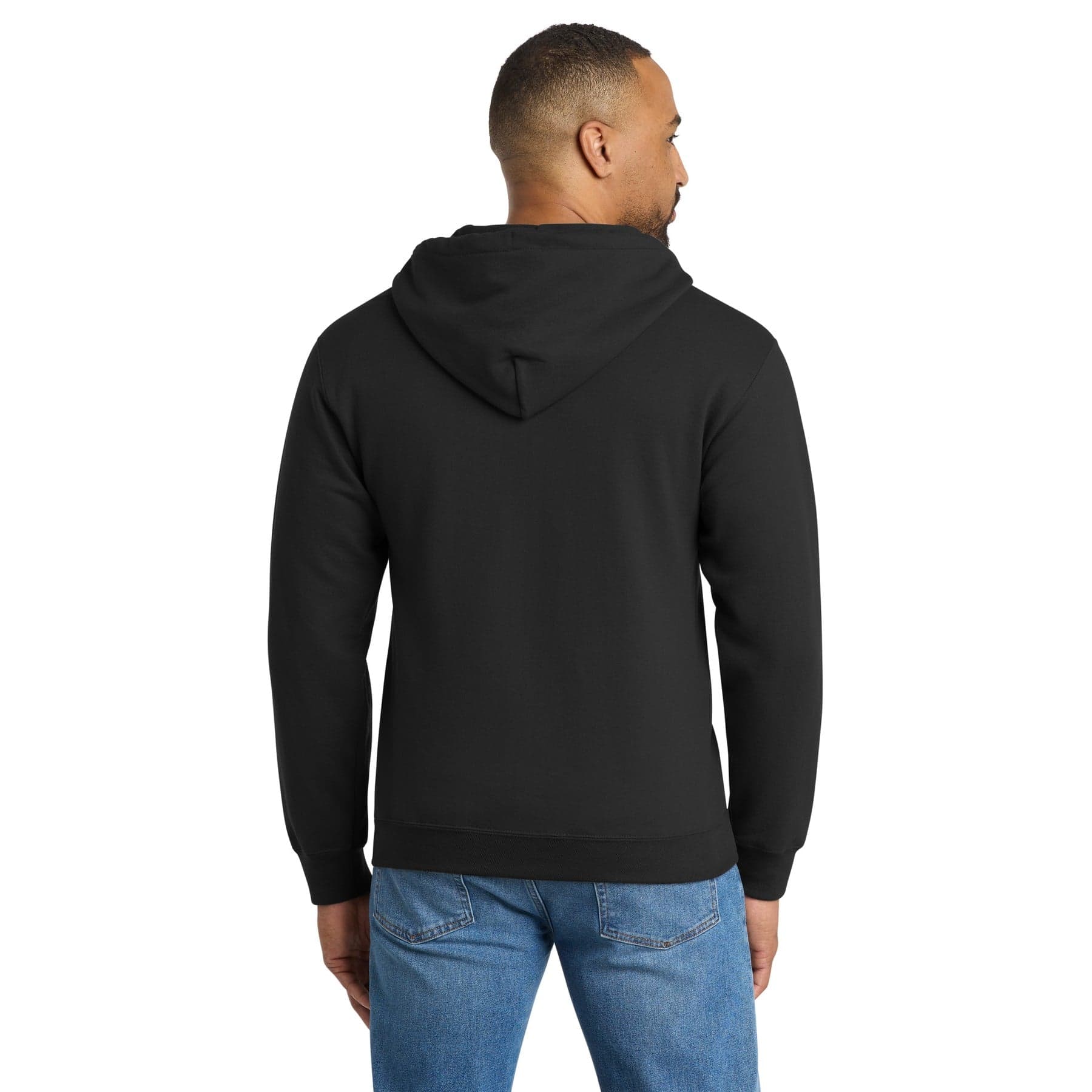 Plain jet black tall essential fleece full-zip hooded sweatshirt, front view
