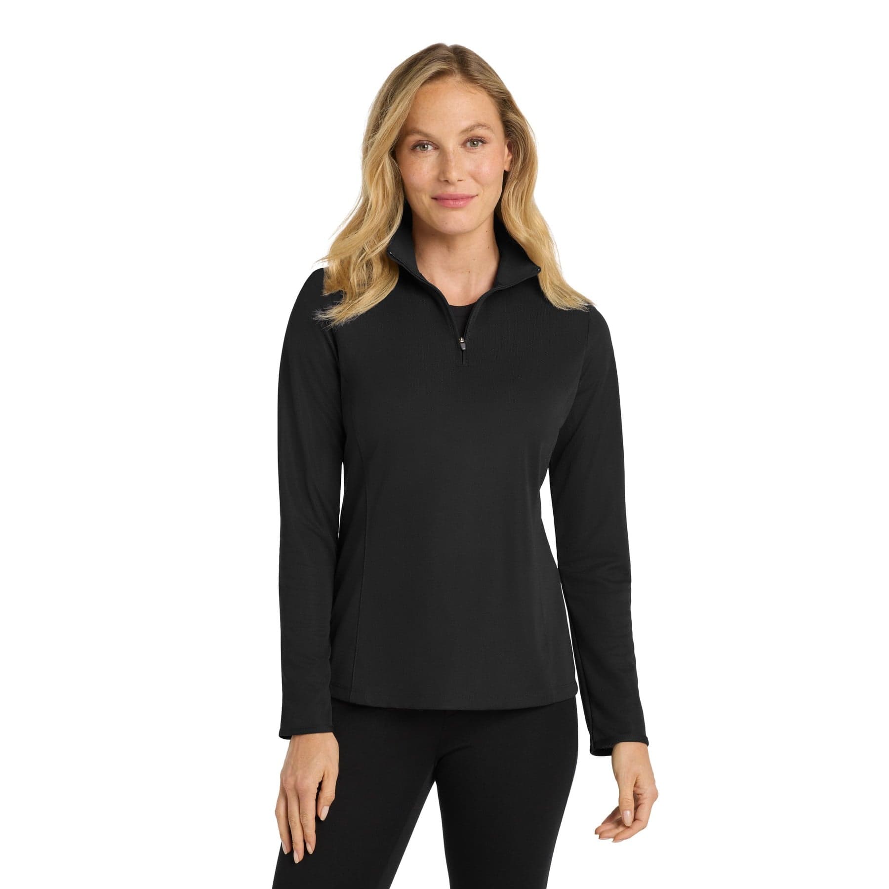 Plain black women's pinpoint mesh 1/2-zip, front view