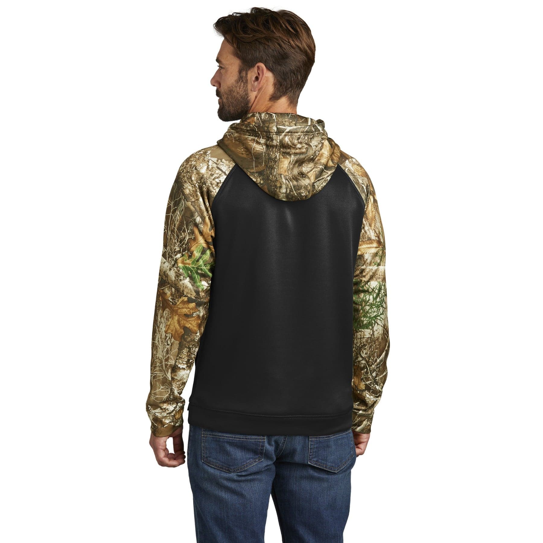 Plain black/ realtree edge performance colorblock pullover hoodie, front view
