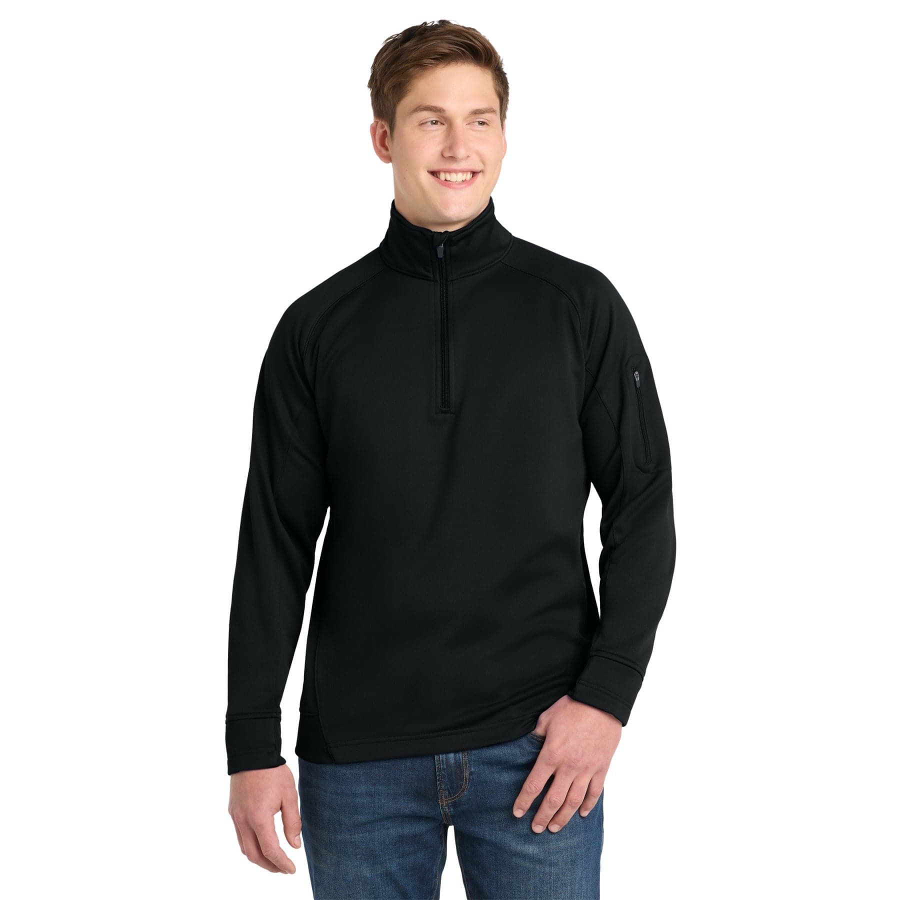 Plain black tech fleece 1/4-zip pullover, front view