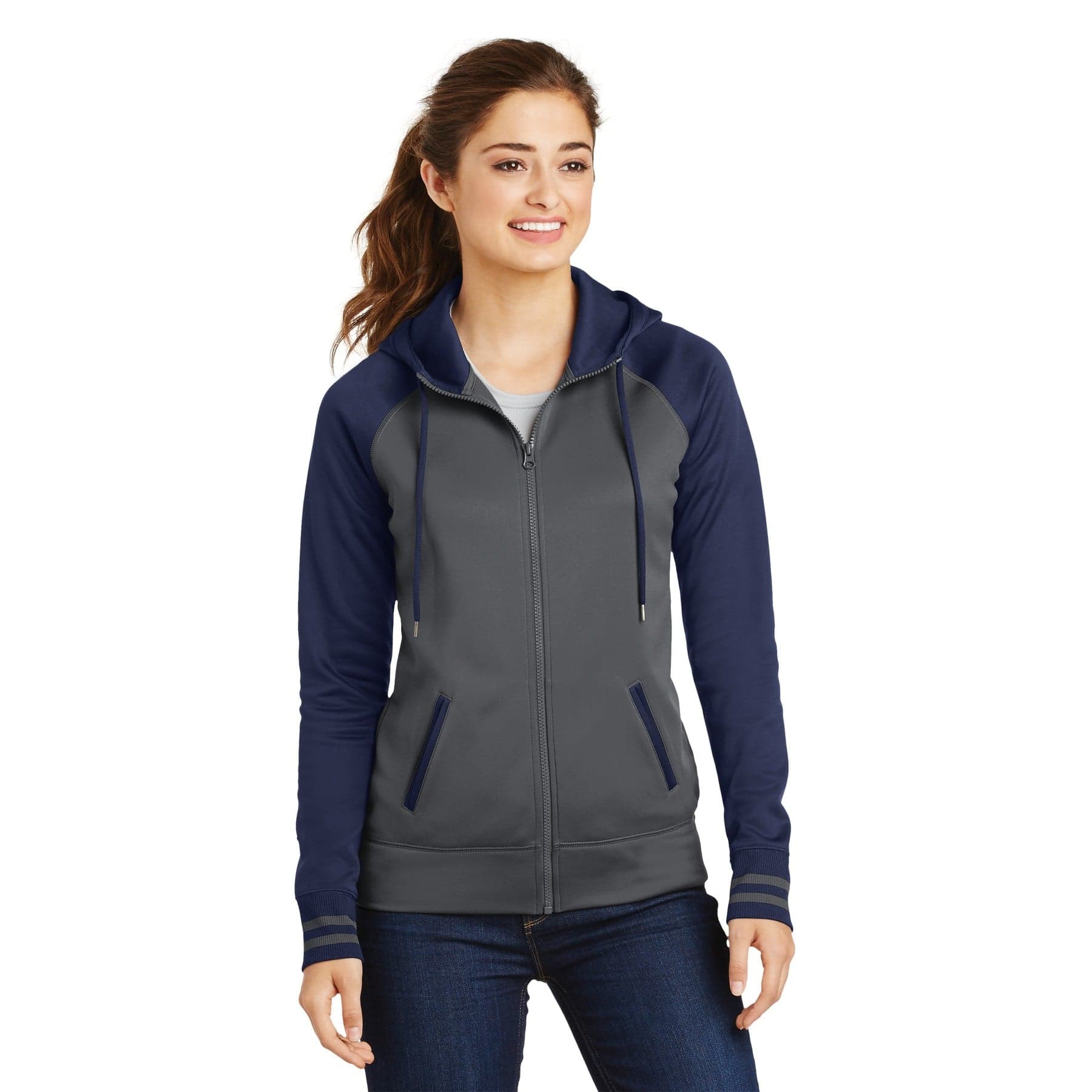 Plain black/ true royal women's sport-wick varsity fleece full-zip hooded jacket, front view