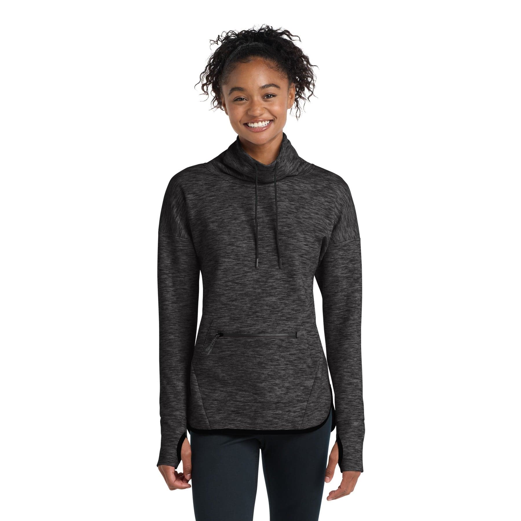 Plain dark grey heather women's triumph cowl neck pullover, front view