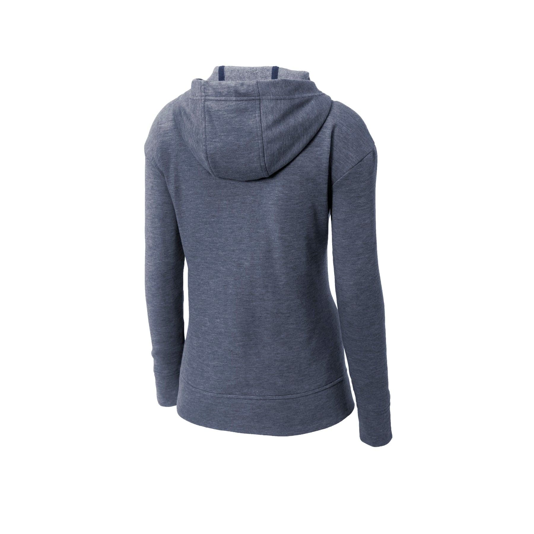 Plain true navy heather women's posicharge tri-blend wicking fleece full-zip hooded jacket, front view