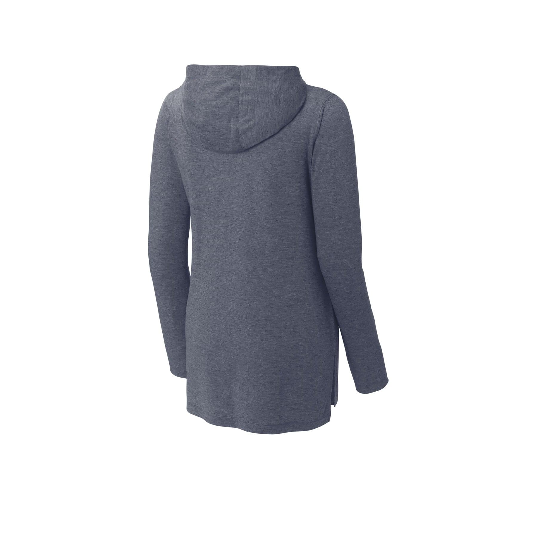 Plain true navy heather women's posicharge tri-blend wicking long sleeve hoodie, front view