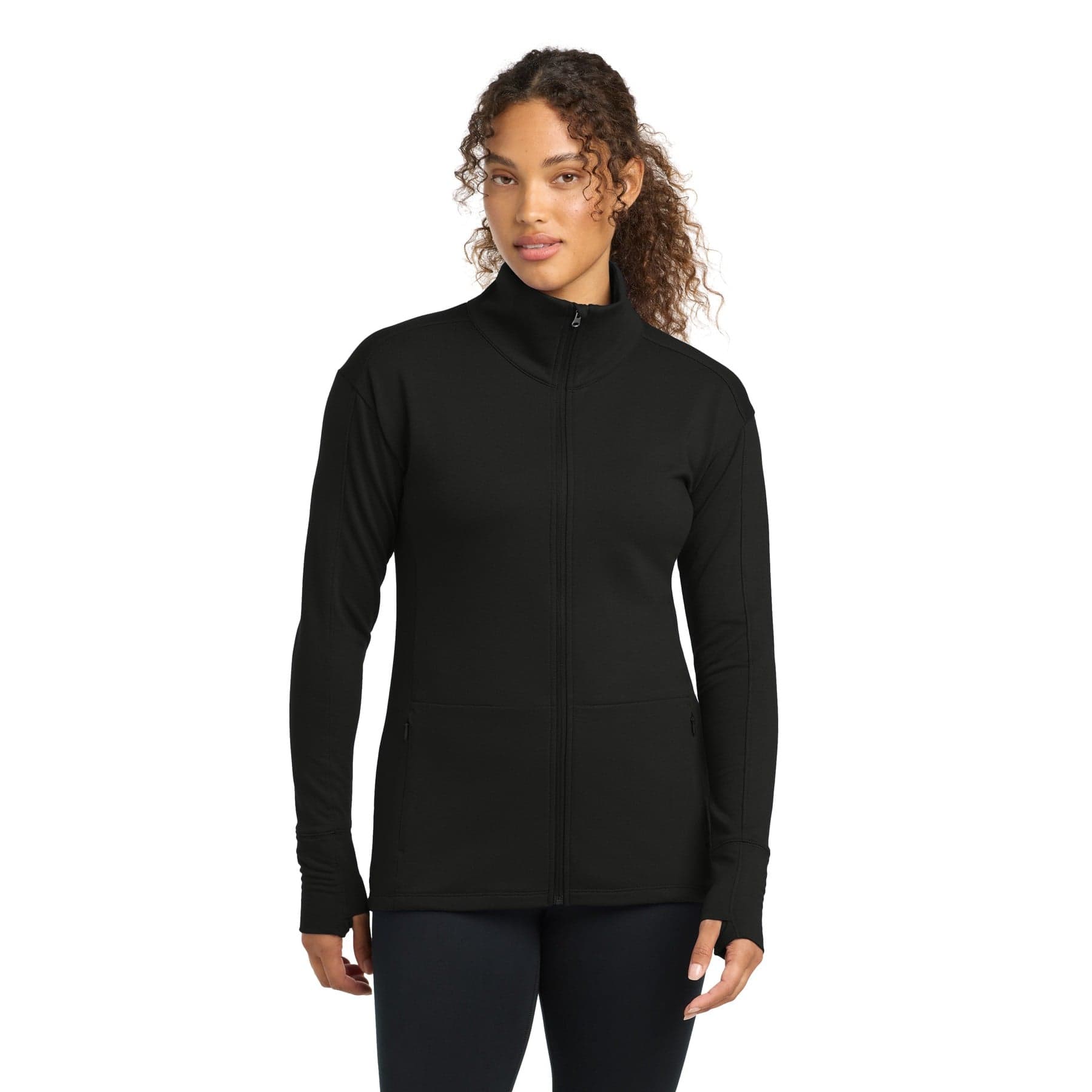 Plain dark grey heather women's sport-wick flex fleece full-zip, front view