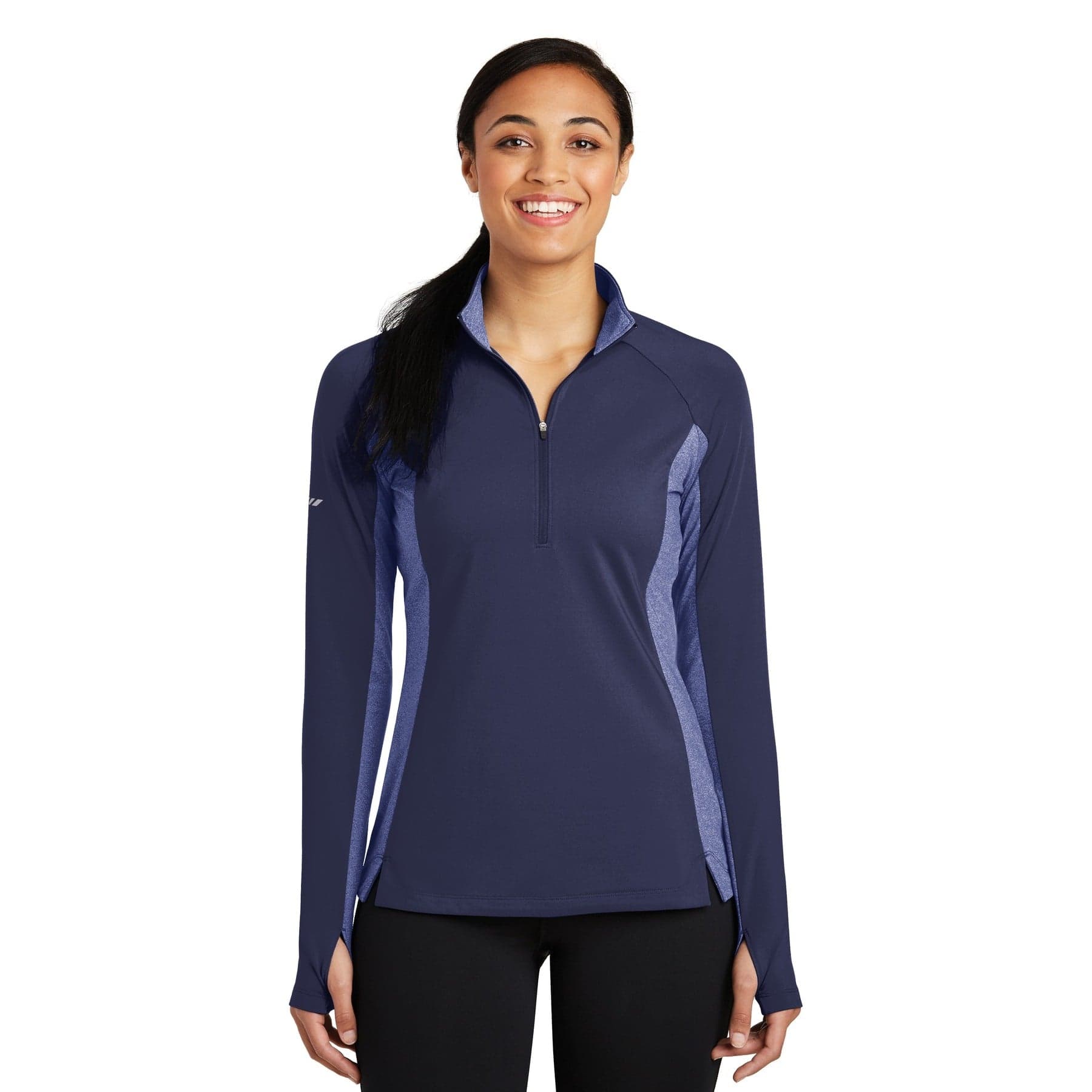 Plain true navy/ true navy heather women's sport-wick stretch contrast 1/4-zip pullover, front view