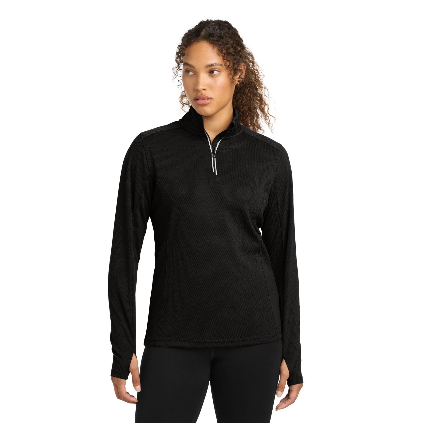 Plain black women's sport-wick textured 1/4-zip pullover, front view
