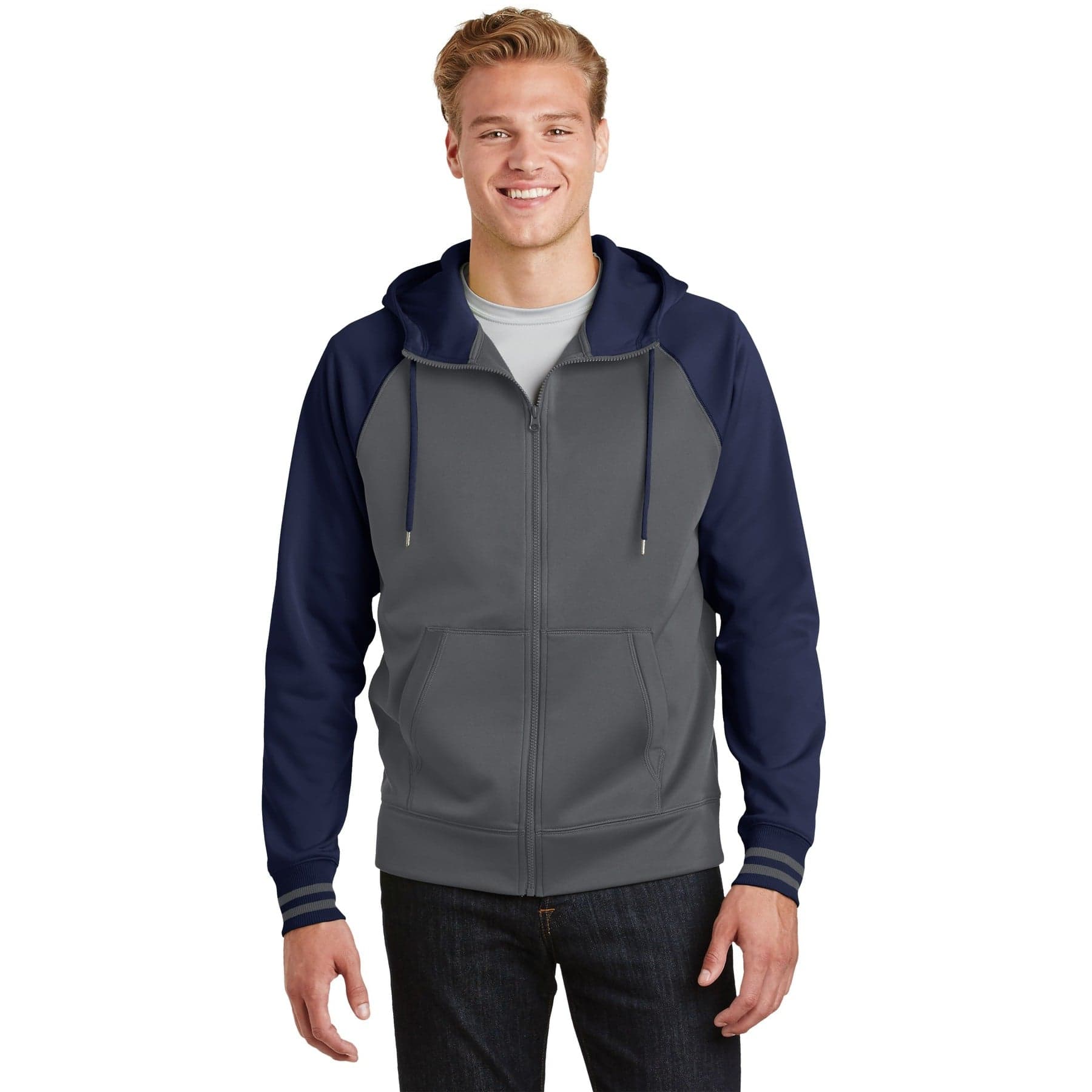 Plain black/ true royal sport-wick varsity fleece full-zip hooded jacket, front view