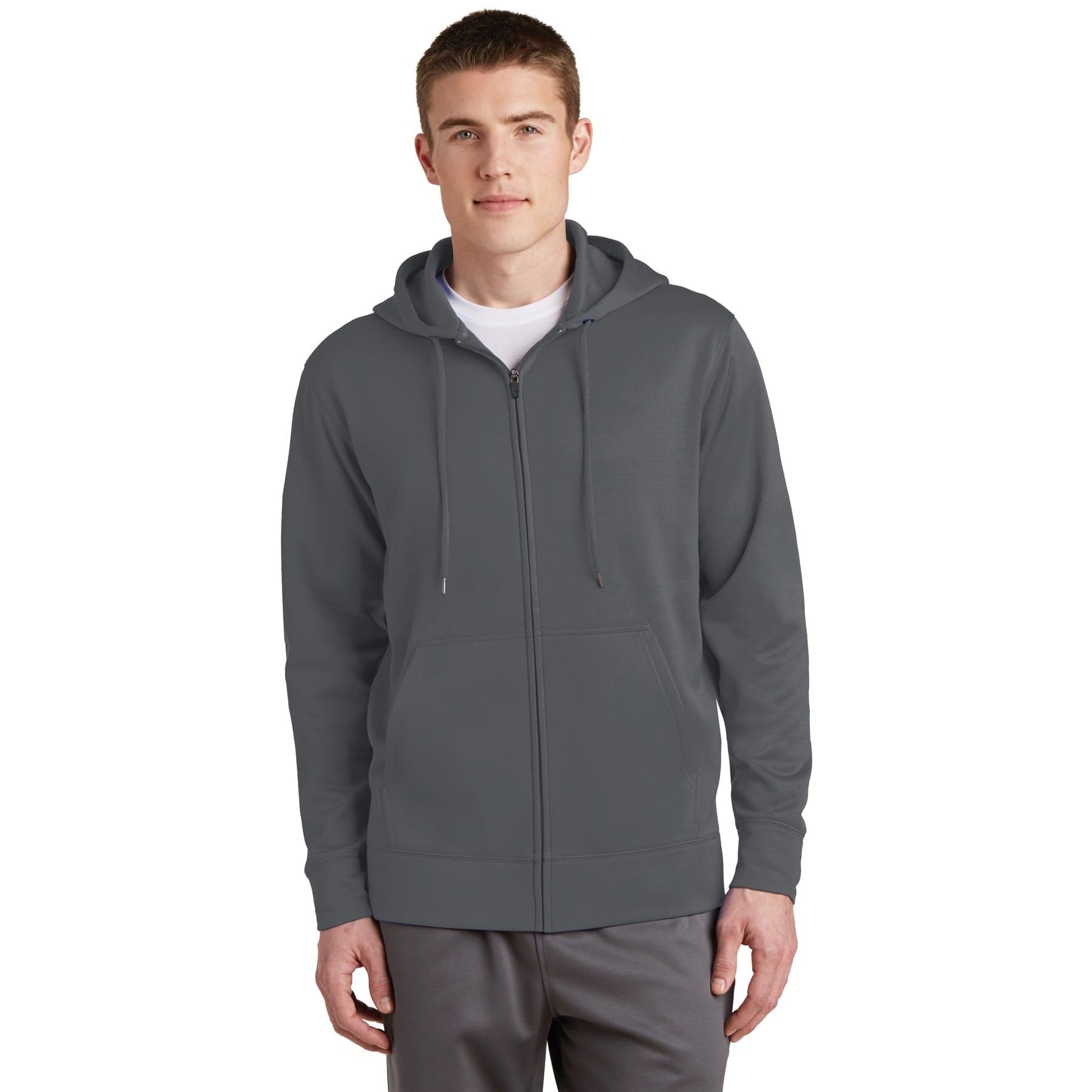 Plain dark smoke grey sport-wick fleece full-zip hooded jacket, front view
