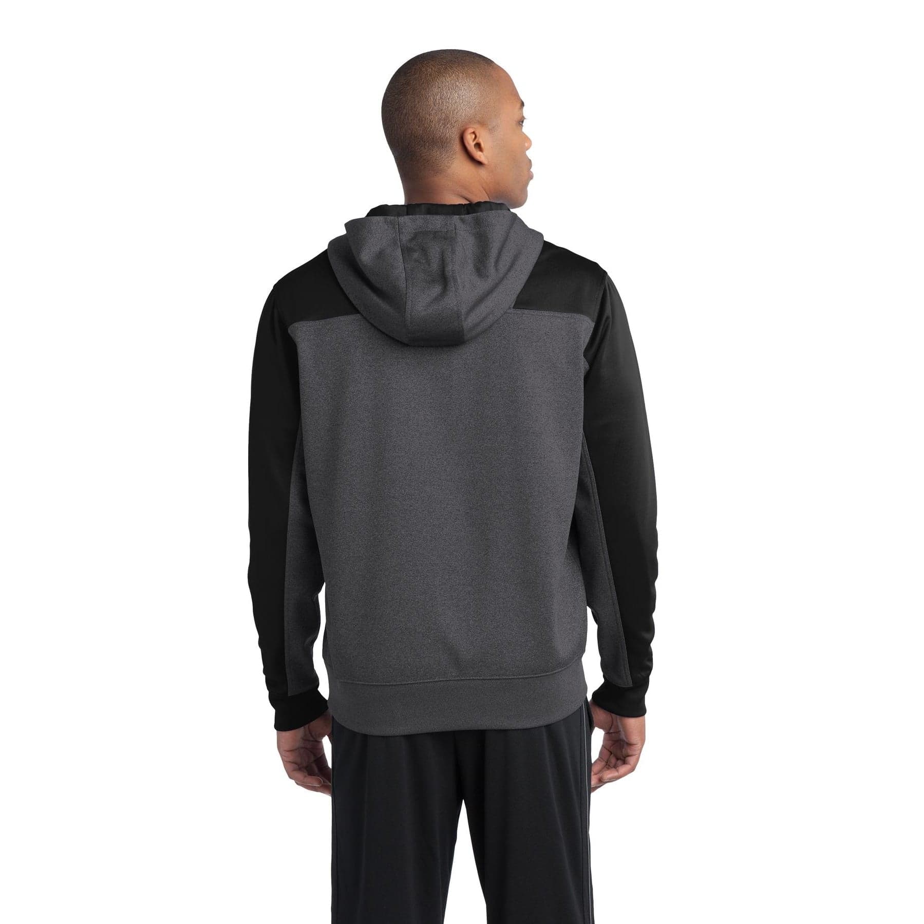 Plain graphite heather/ black tech fleece colorblock 1/4-zip hooded sweatshirt, front view