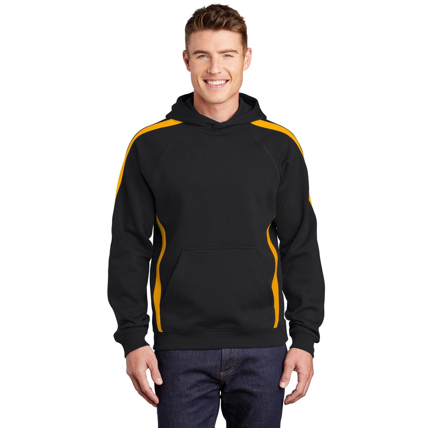 Plain black/ gold sleeve stripe pullover hooded sweatshirt, front view