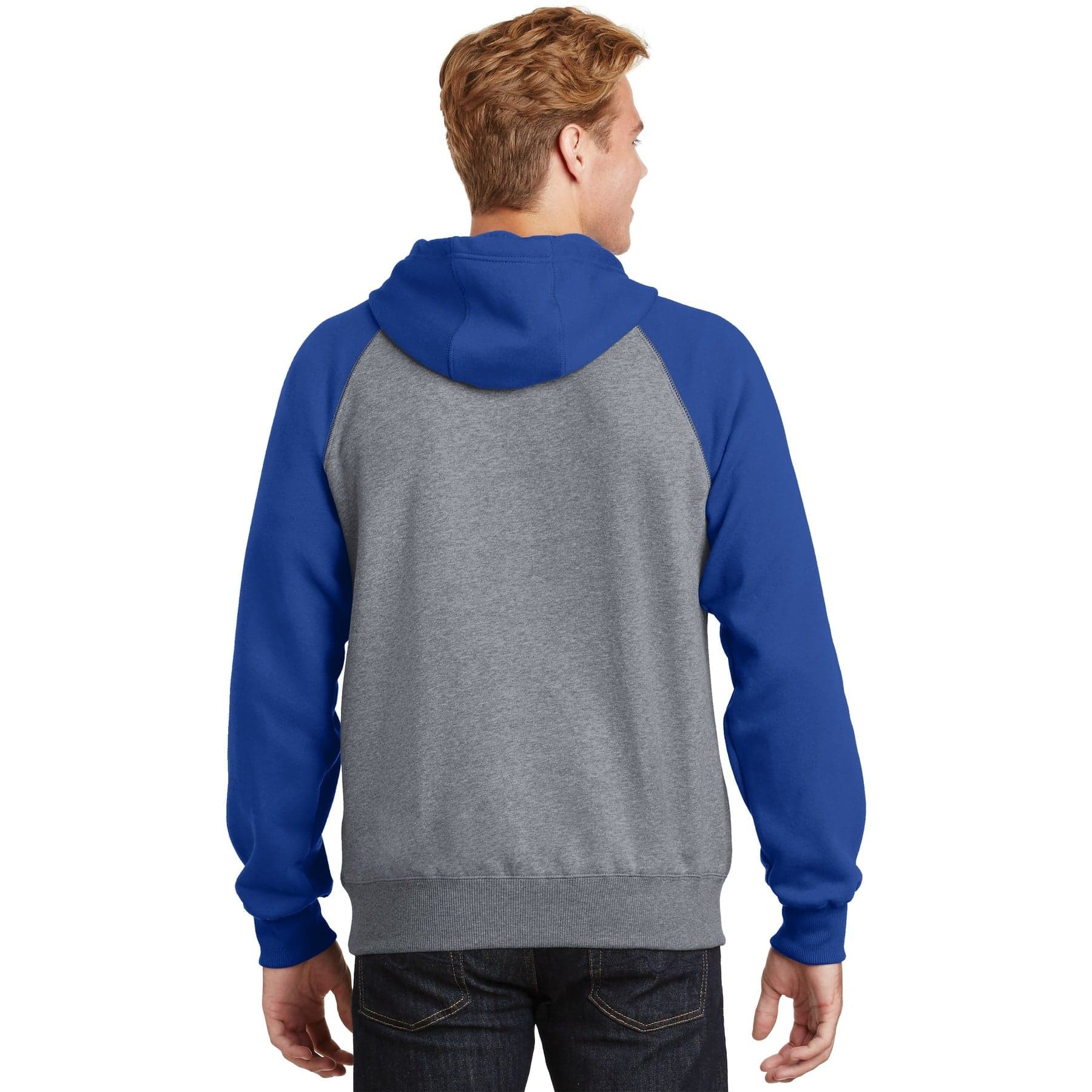 Plain true royal/ vintage heather raglan colorblock pullover hooded sweatshirt, front view