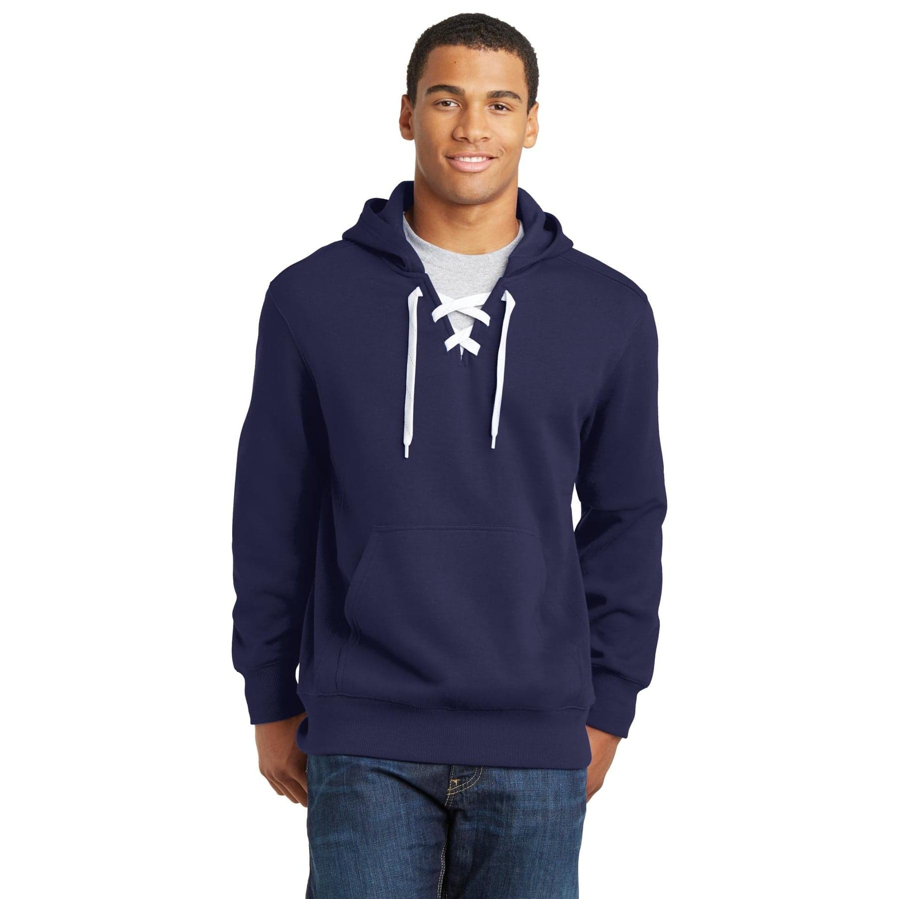 Plain true navy lace up pullover hooded sweatshirt, front view