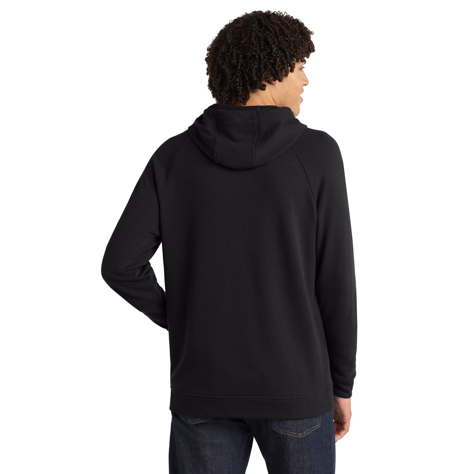 Plain black lightweight french terry pullover hoodie, front view