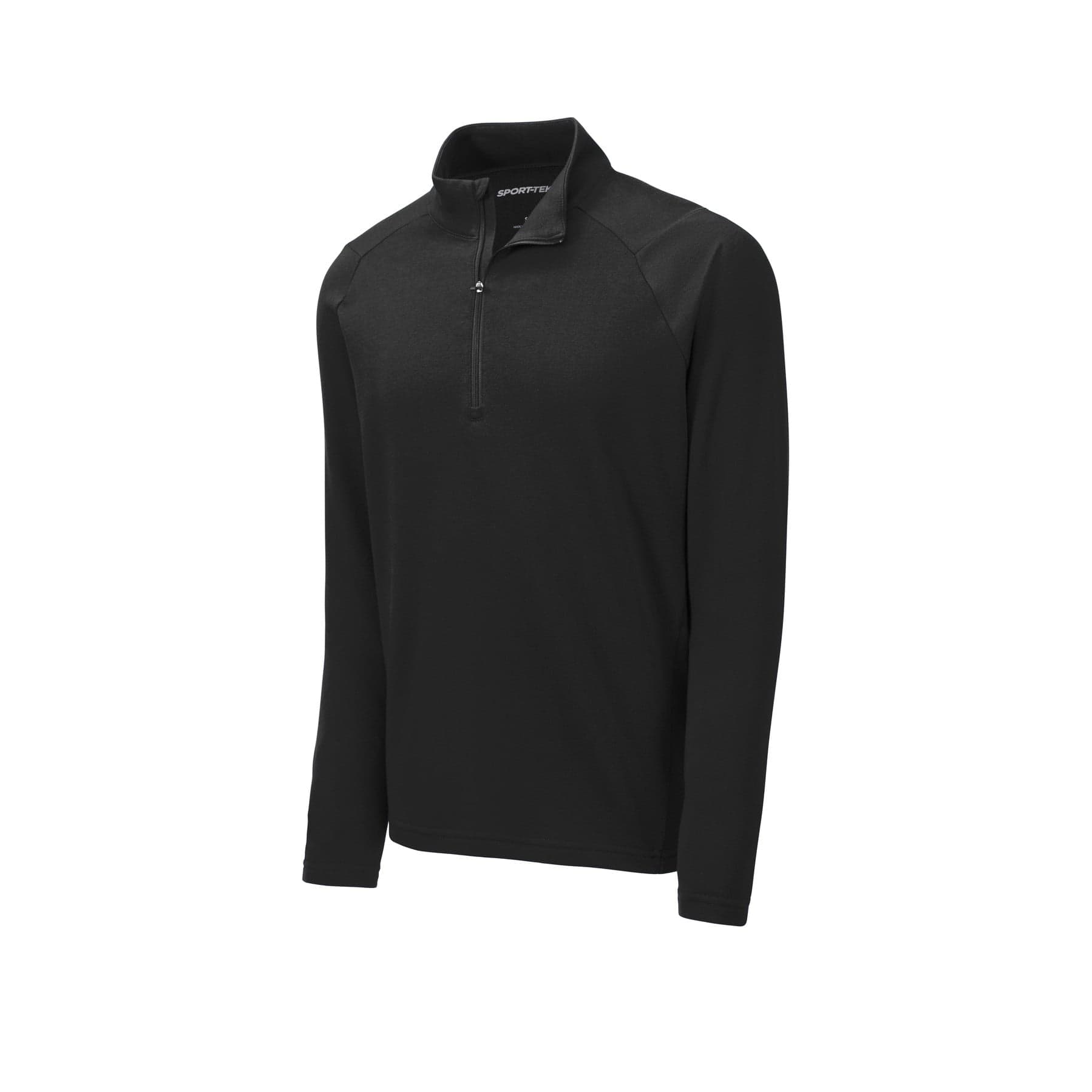 Plain black lightweight french terry 1/4-zip pullover, front view