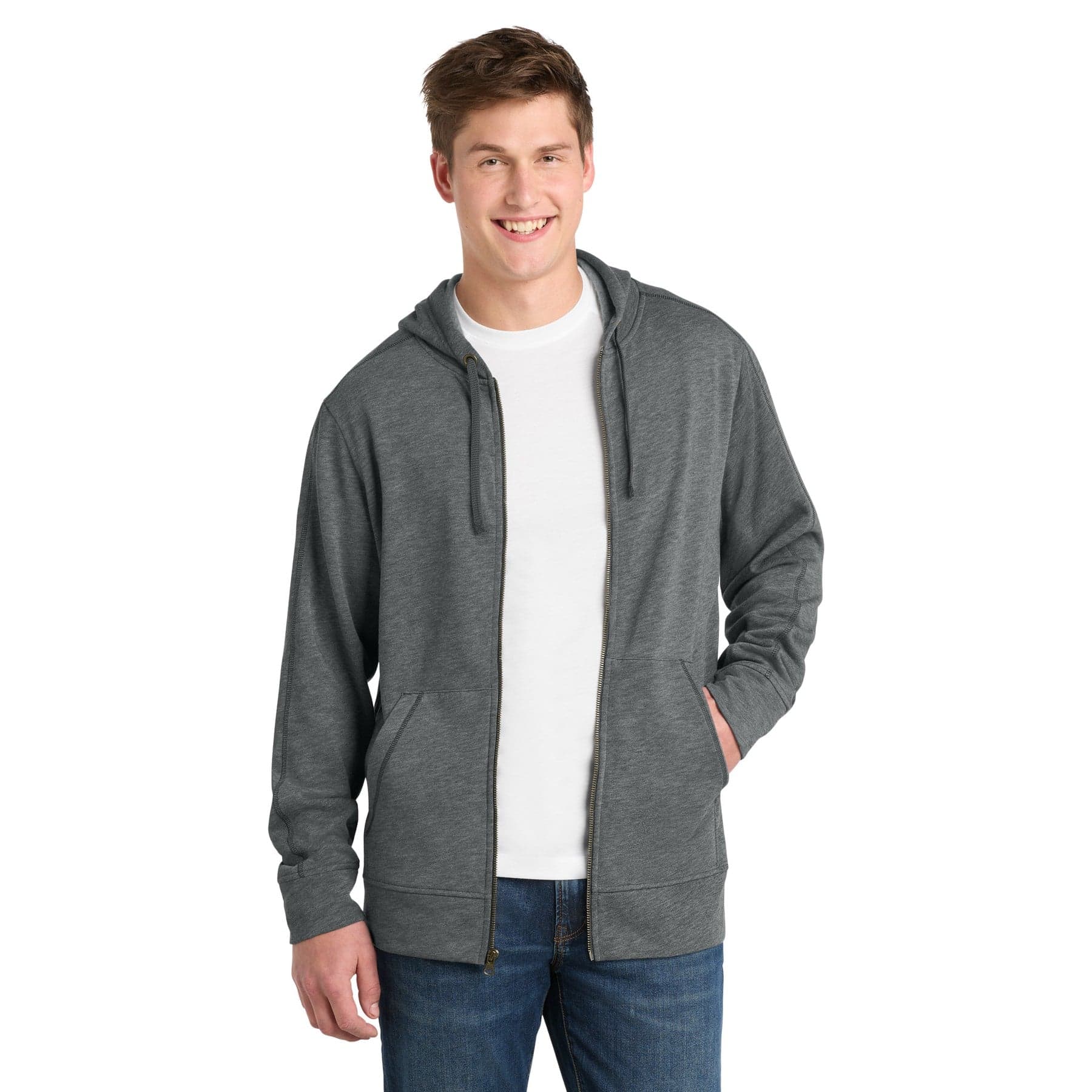 Plain true navy heather posicharge tri-blend wicking fleece full-zip hooded jacket, front view