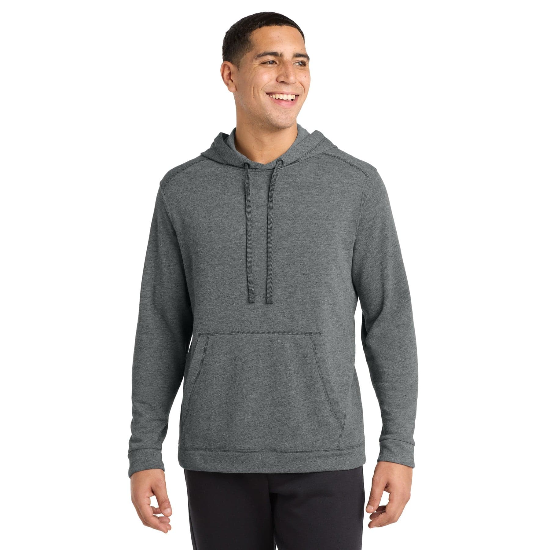 Plain true navy heather posicharge tri-blend wicking fleece hooded pullover, front view