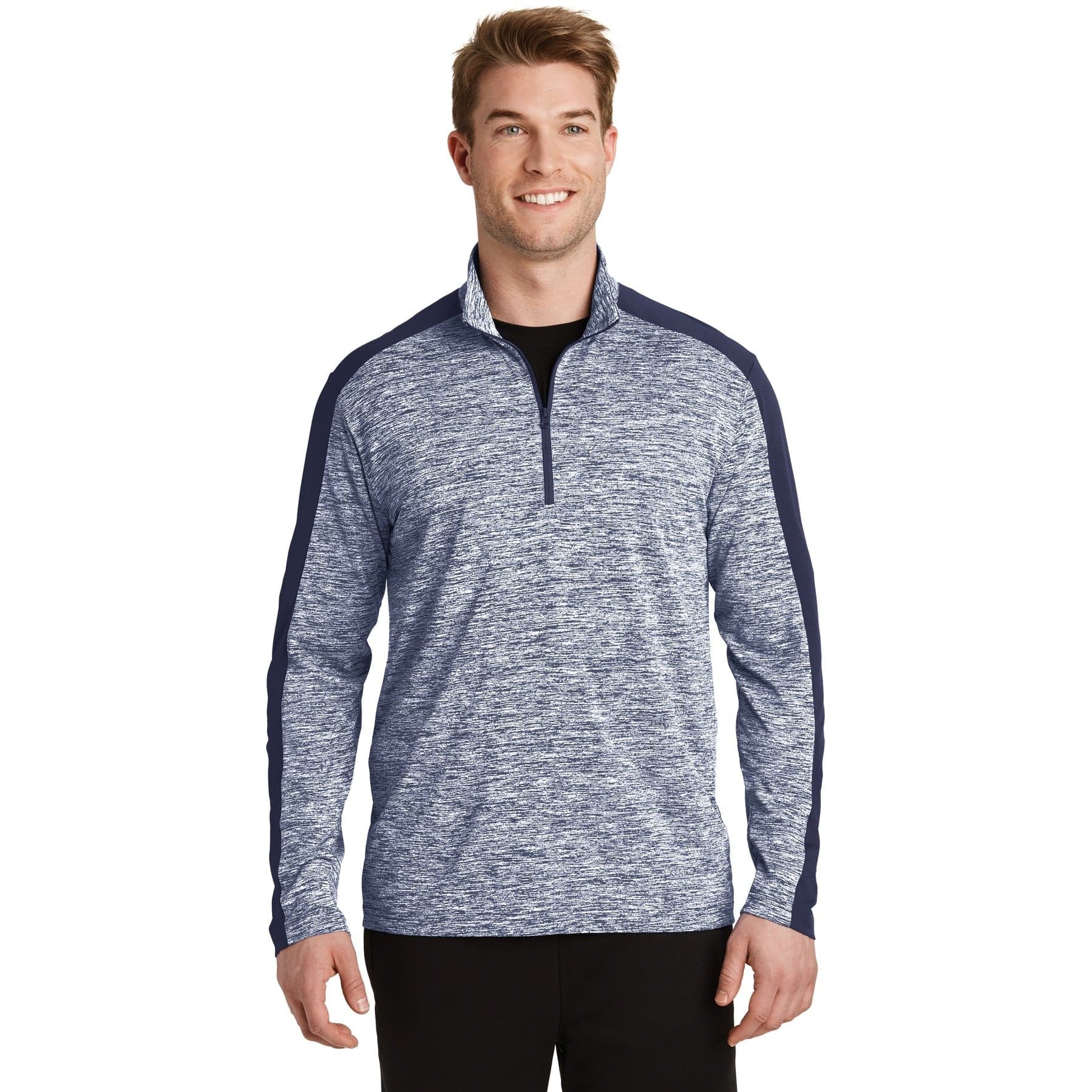 Plain black electric/ black posicharge electric heather colorblock 1/4-zip pullover, front view