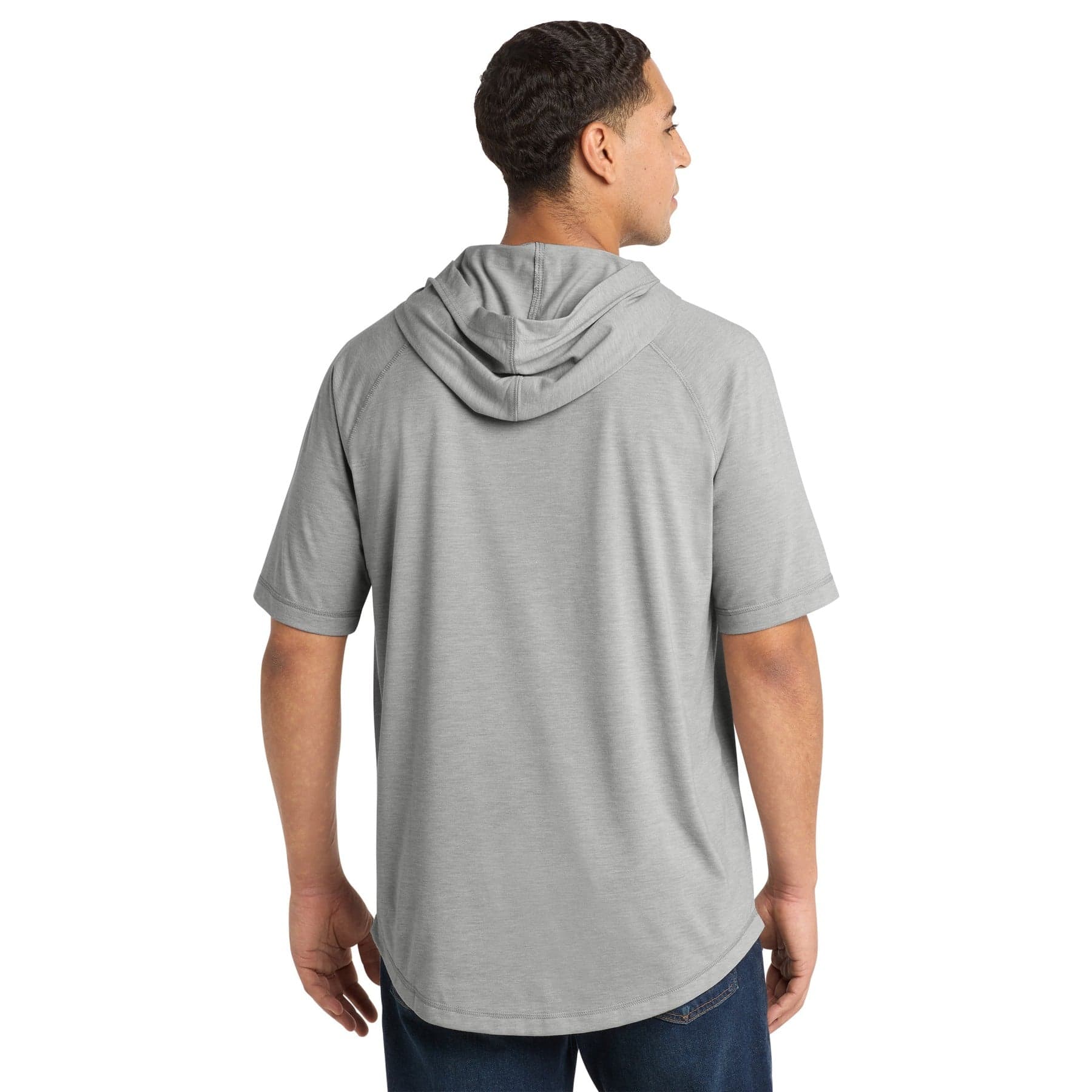 Plain light grey heather posicharge tri-blend wicking short sleeve hoodie, front view