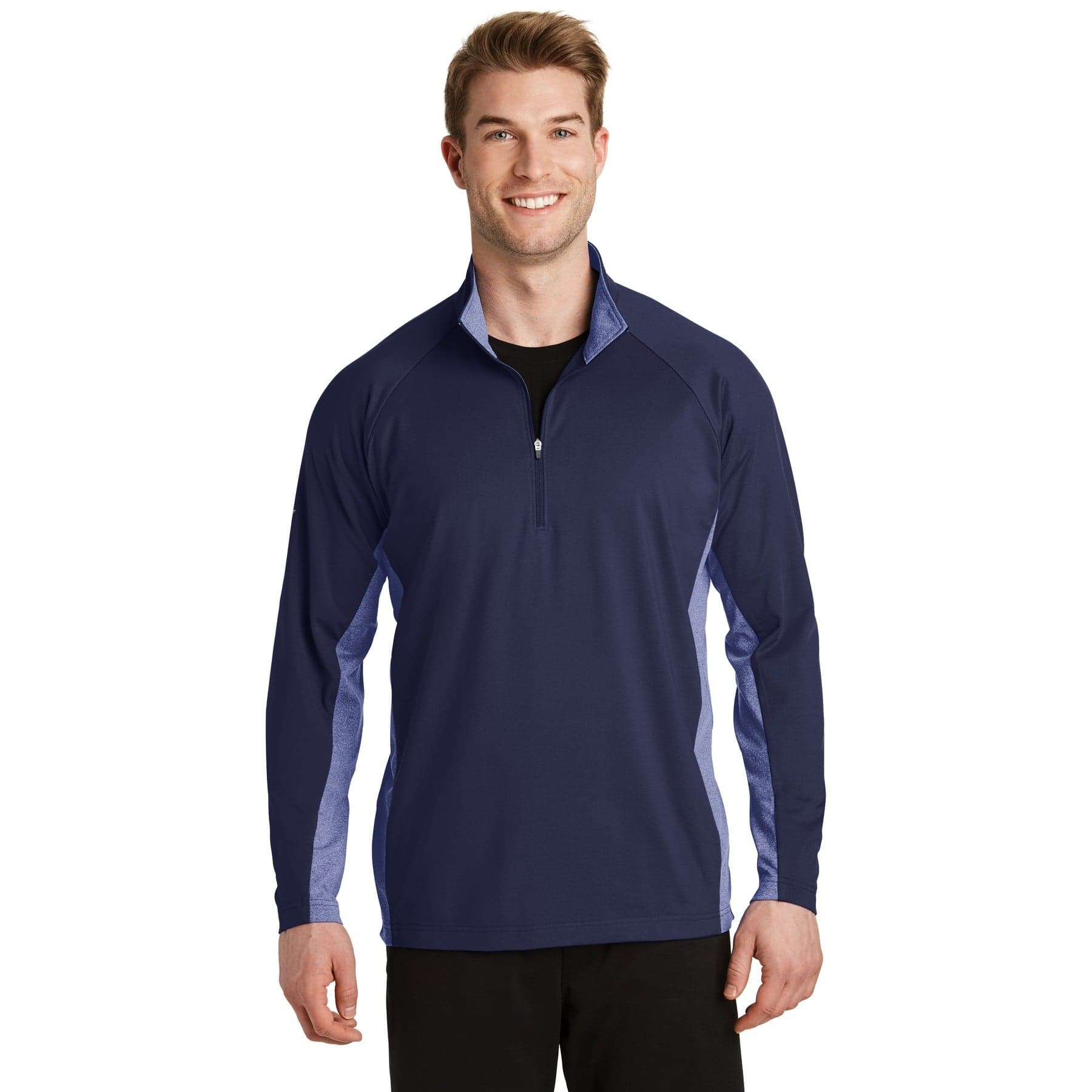 Plain true navy/ true navy heather sport-wick stretch contrast 1/4-zip pullover, front view