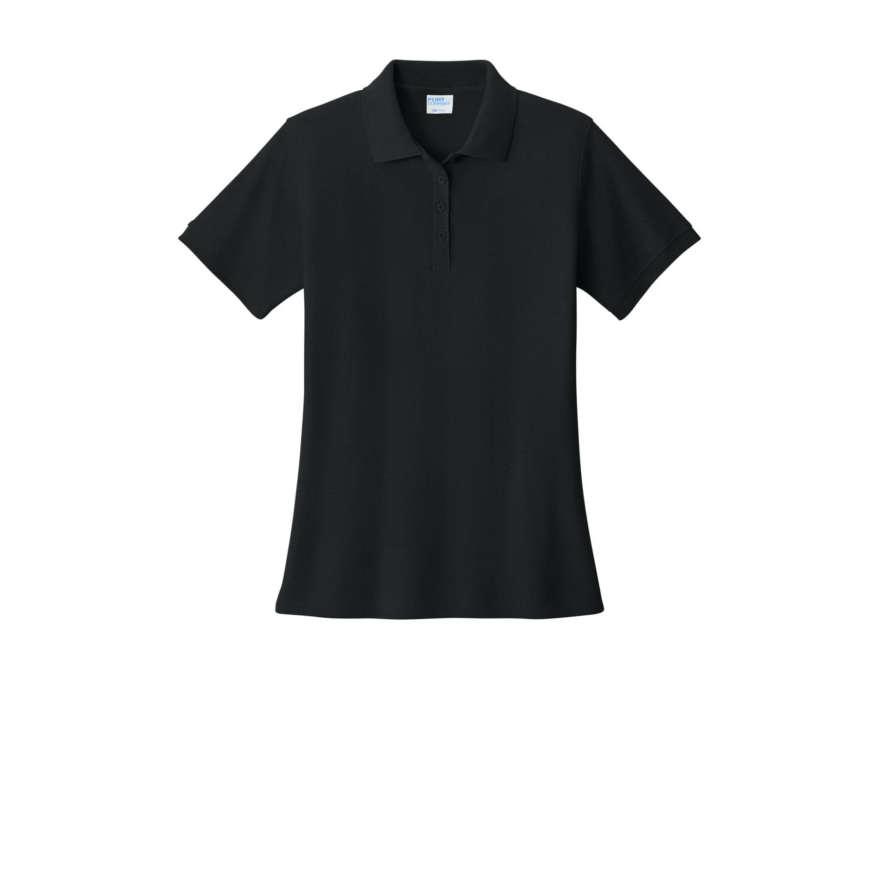 Plain jet black women's core blend pique polo, front view