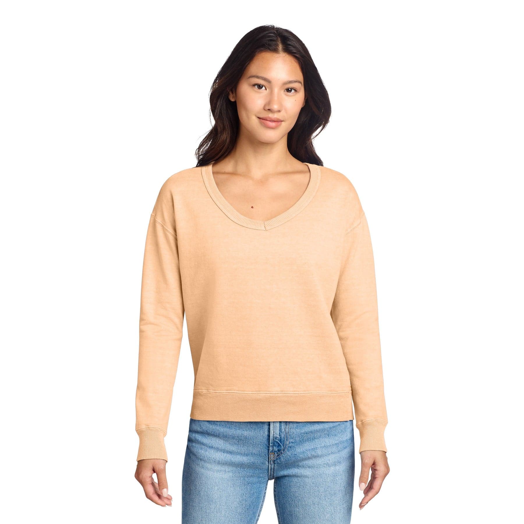 Plain peach garment-dyed v-neck sweatshirt, front view