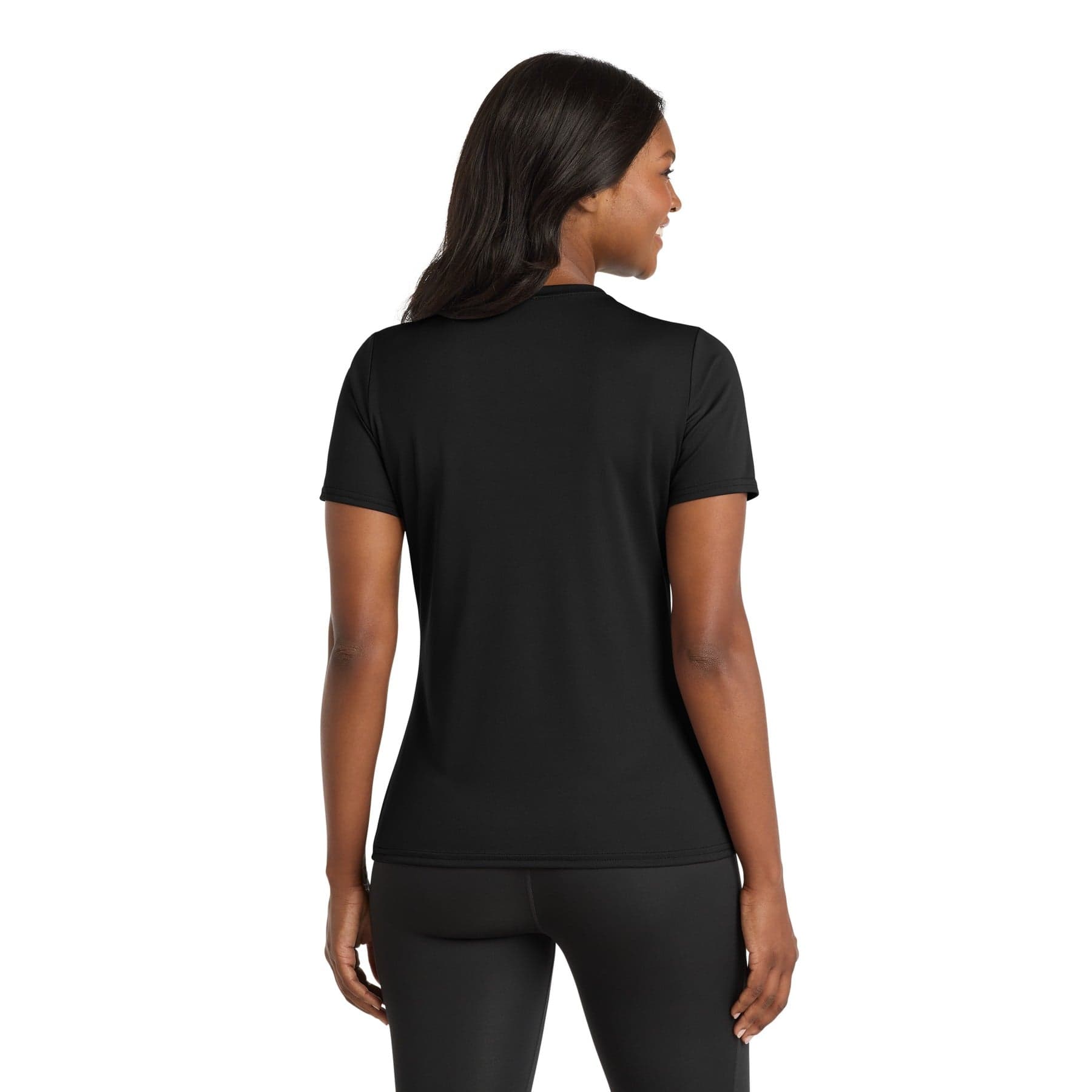 Plain jet black women's performance tee, front view