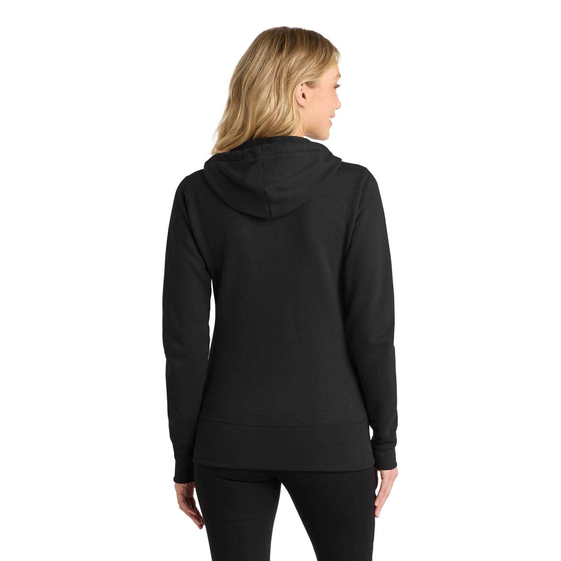 Plain jet black women's core fleece full-zip hooded sweatshirt, front view