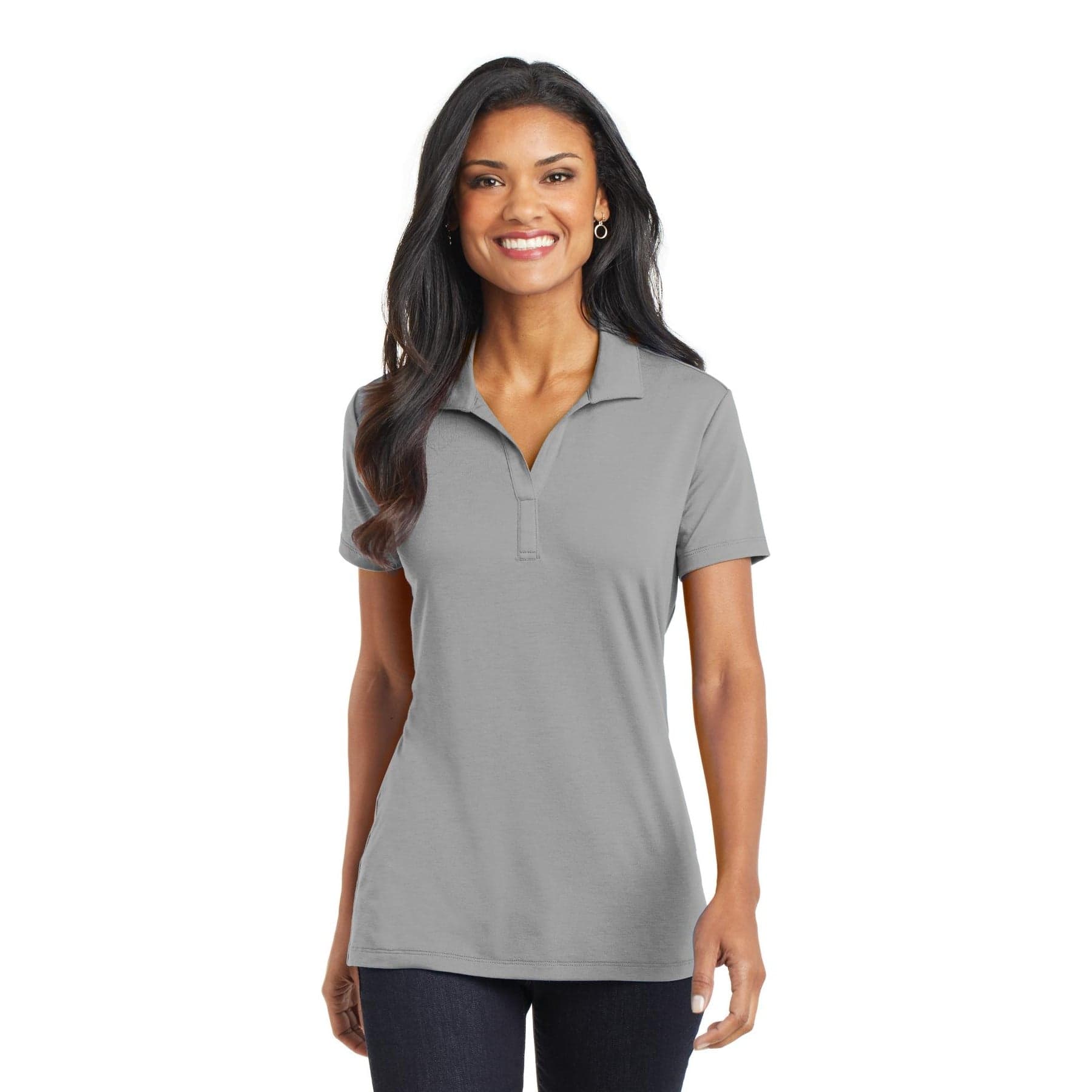 Plain frost grey women's cotton touch performance polo, front view
