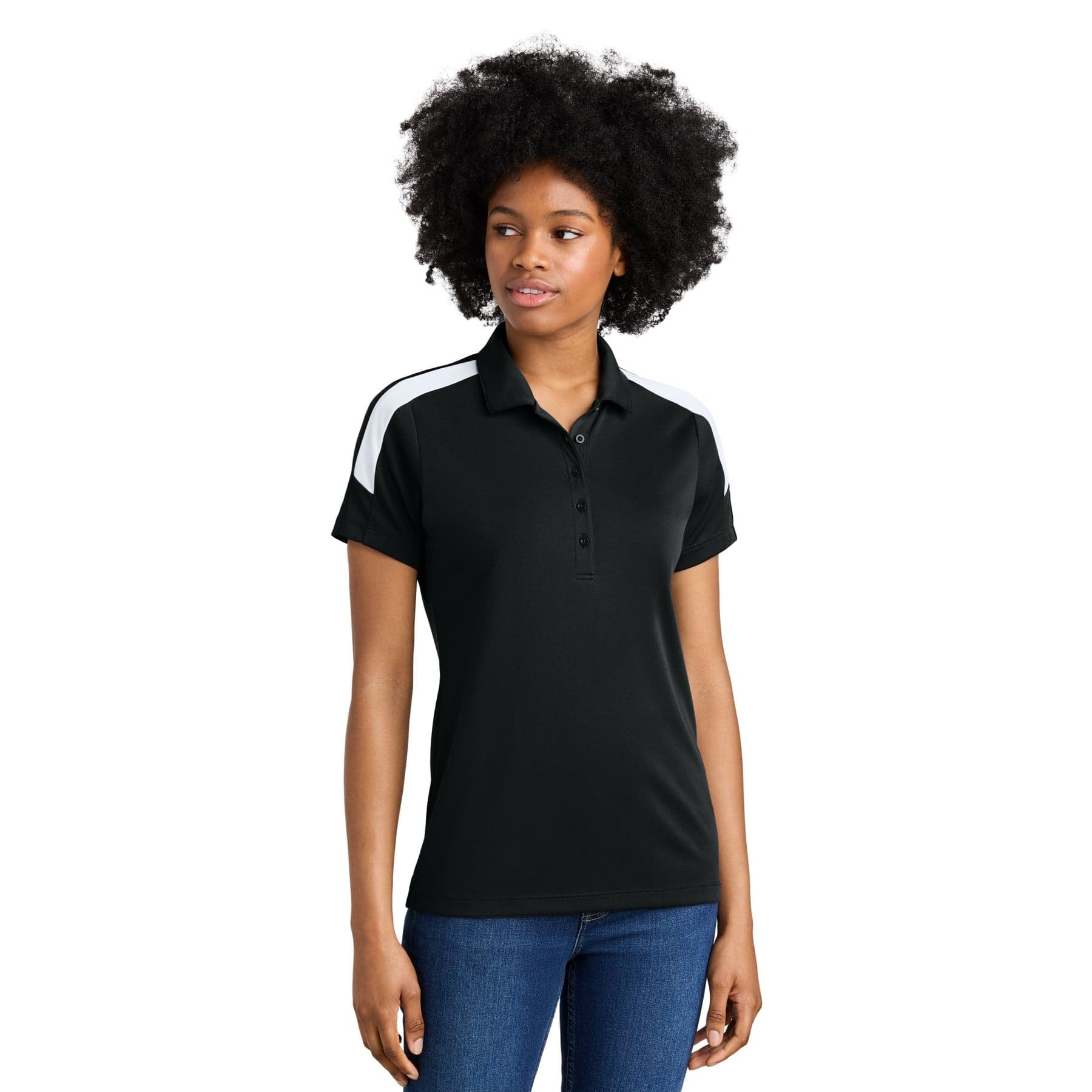 Plain black/ deep red women's competitor united polo, front view