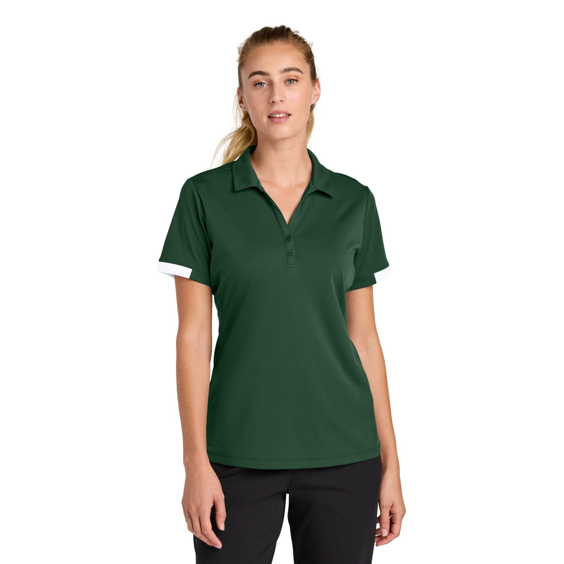 Plain forest green/ white women's club colorblock polo, front view