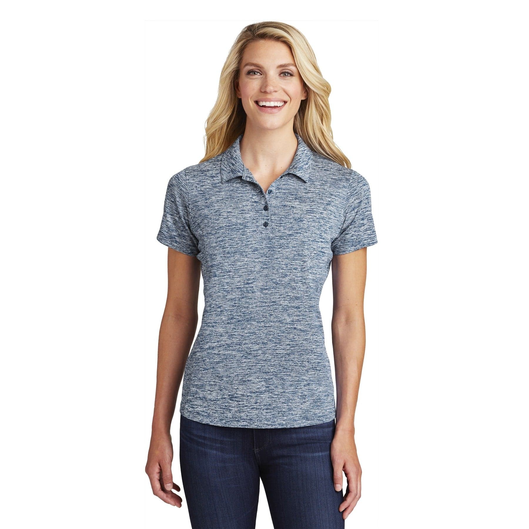 Plain black electric women's posicharge electric heather polo, front view
