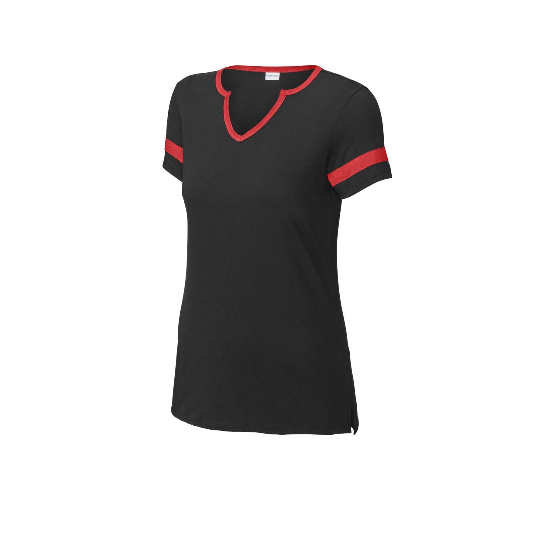 Plain black/ deep red women's halftime notch neck tee, front view