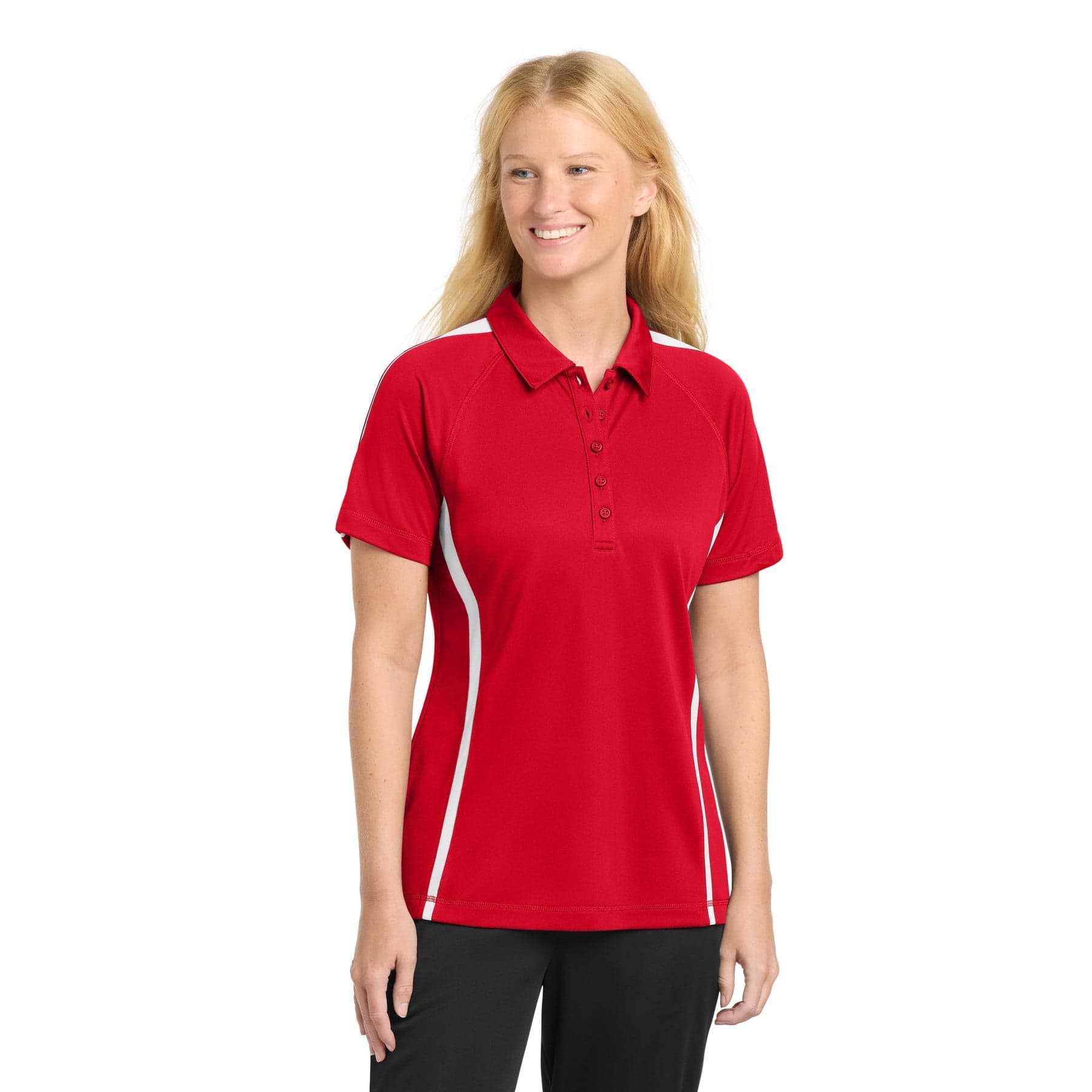Plain true red/ white women's posicharge micro-mesh colorblock polo, front view
