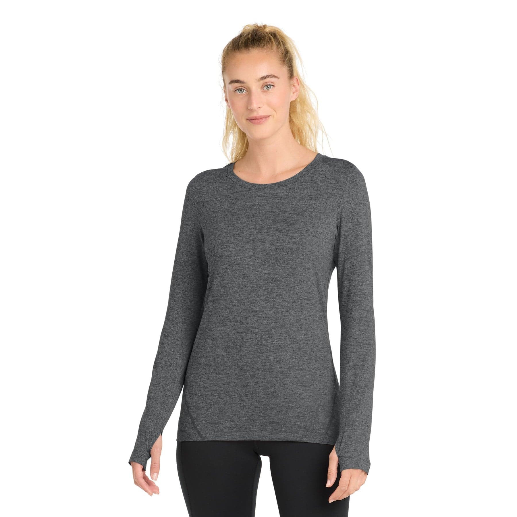 Plain graphite heather women's exchange 1.5 long sleeve crew, front view