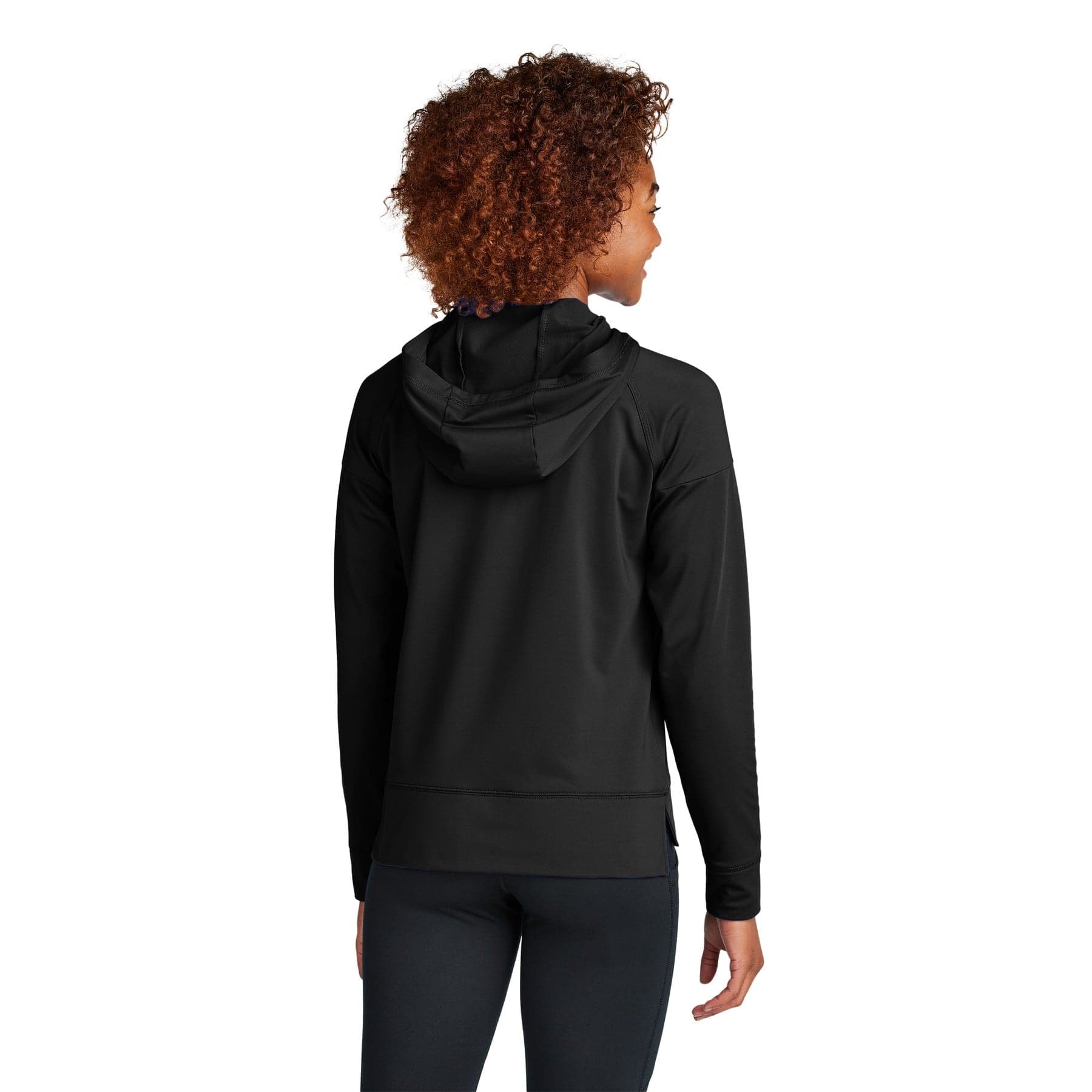 Plain black women's sport-wick stretch 1/2-zip hoodie, front view